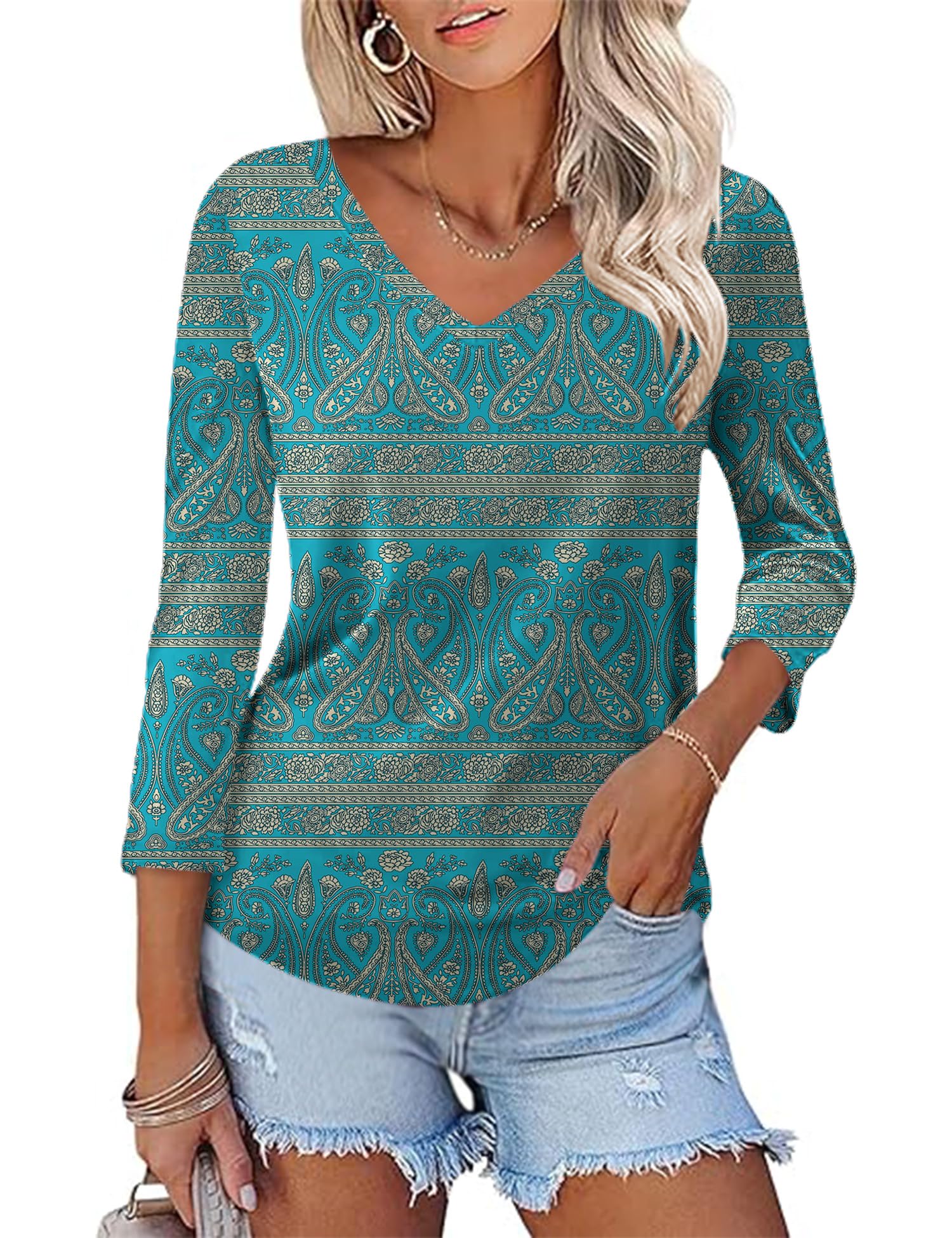 KTILG Women's V Neck T Shirts 3/4 Sleeve Blouse Summer Tops Dressy Casual Solid Basic Tees