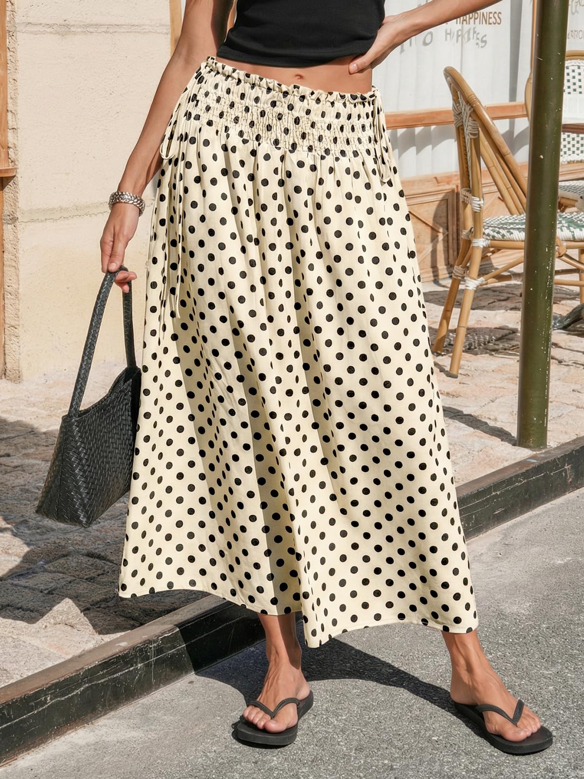 Tankaneo Womens Polka Dot Maxi Skirts Boho Smocked High Waisted Tie Skirt Casual Beach Vacation Dress