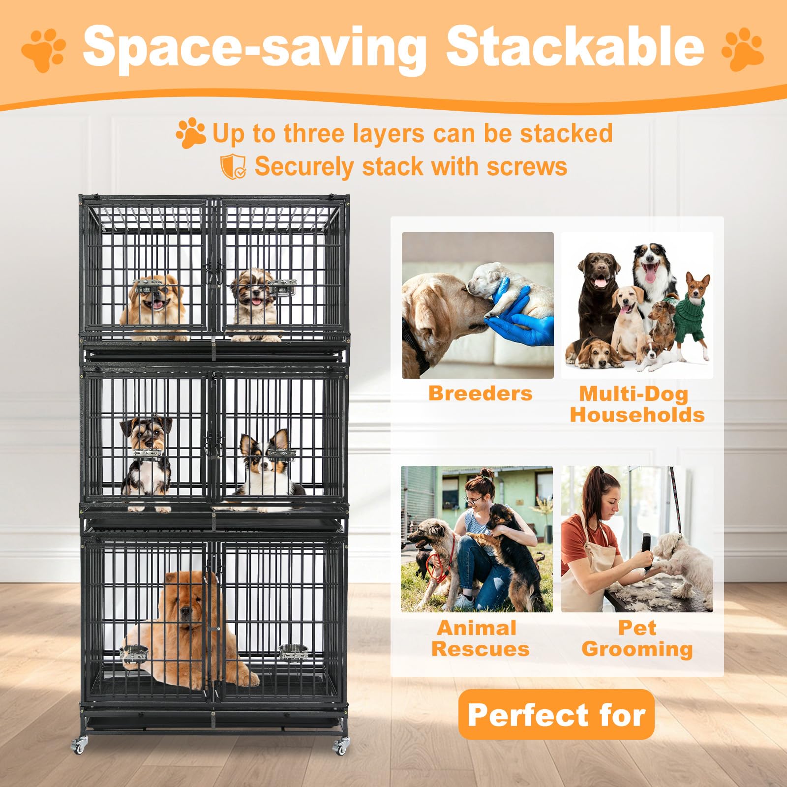 Homey Pet 37 Inch Heavy Duty Dog Crate for Medium Dogs, Stackable Dog Cage with Four Lockable Wheels, Removable Tray & Grid, Open Top, Escape Proof Dog Kennel Indoor