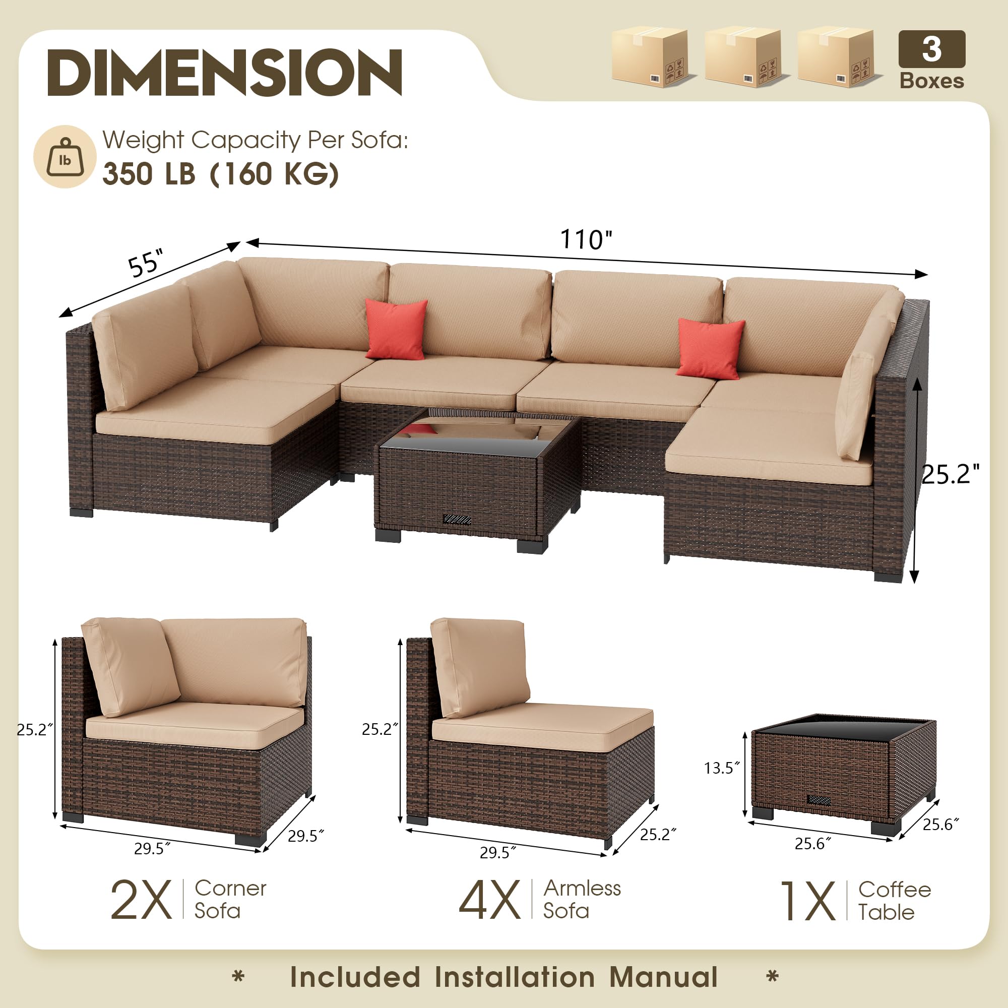 LHBcraft 7 Piece Patio Outdoor Furniture Set, Outdoor Sectional, All-Weather Manual Weaving PE Rattan Wicker Patio Sectional Sofa, Rattan Outside Furniture with Black Cushion and Glass Coffee Table