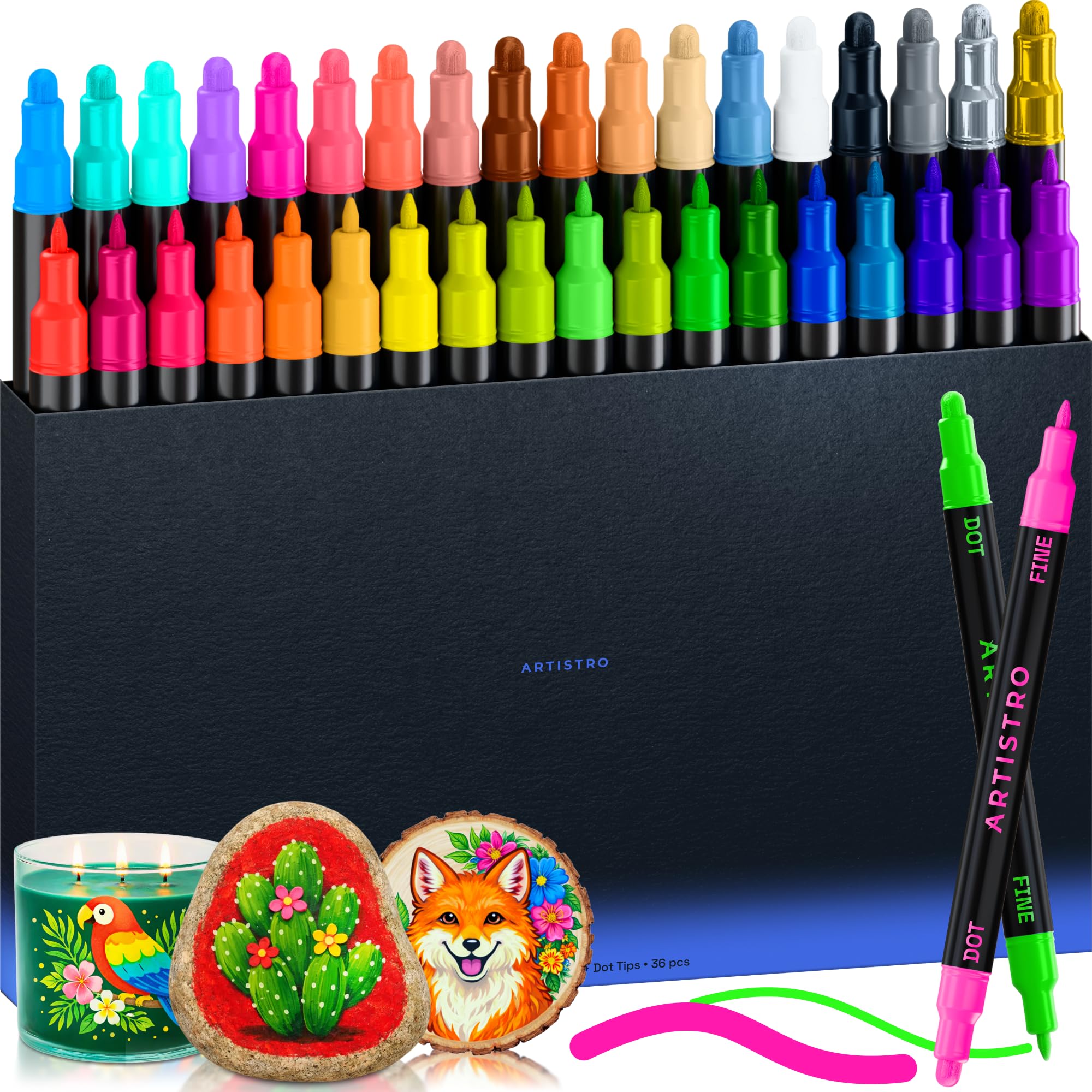 ARTISTRO 36 Dual Tip Pens, Dot & Fine Tips Paint Markers – Paint Pens Set for Fabric, Rock, Glass, Wood, Coloring Books – Arts & Crafts Gift – Classroom Must Haves & School Supplies