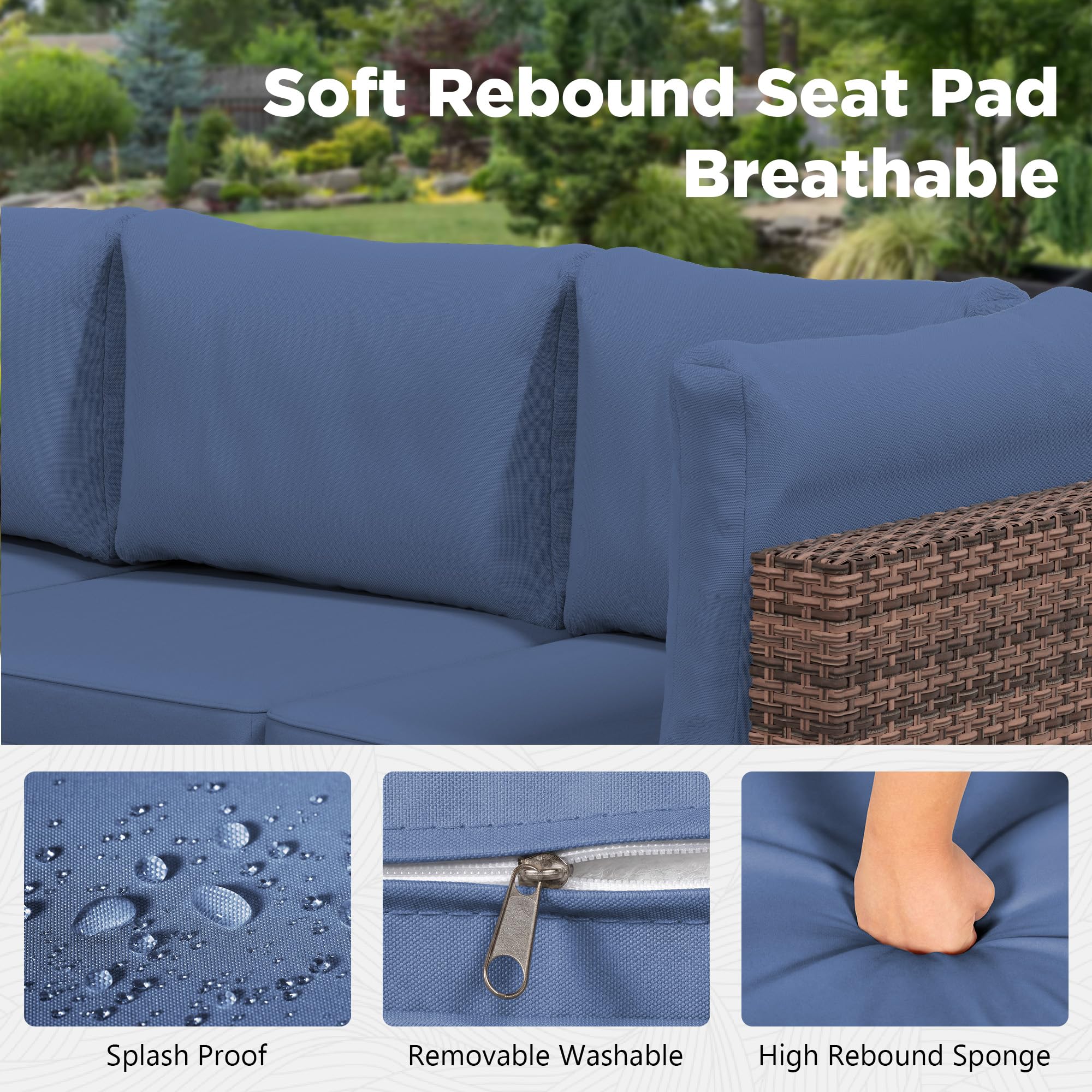 LHBcraft 7 Piece Patio Outdoor Furniture Set, Outdoor Sectional, All-Weather Manual Weaving PE Rattan Wicker Patio Sectional Sofa, Rattan Outside Furniture with Black Cushion and Glass Coffee Table