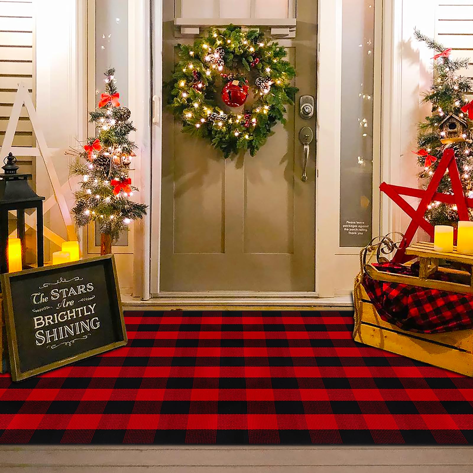 Orange and Black Plaid Rug, 28'' x 43'' Fall Outdoor Front Door Decor Mat, Cotton Washable Hand-Woven Rug for Layered Doormat, Autumn Halloween Thanksgiving Carpet for Porch, Entryway