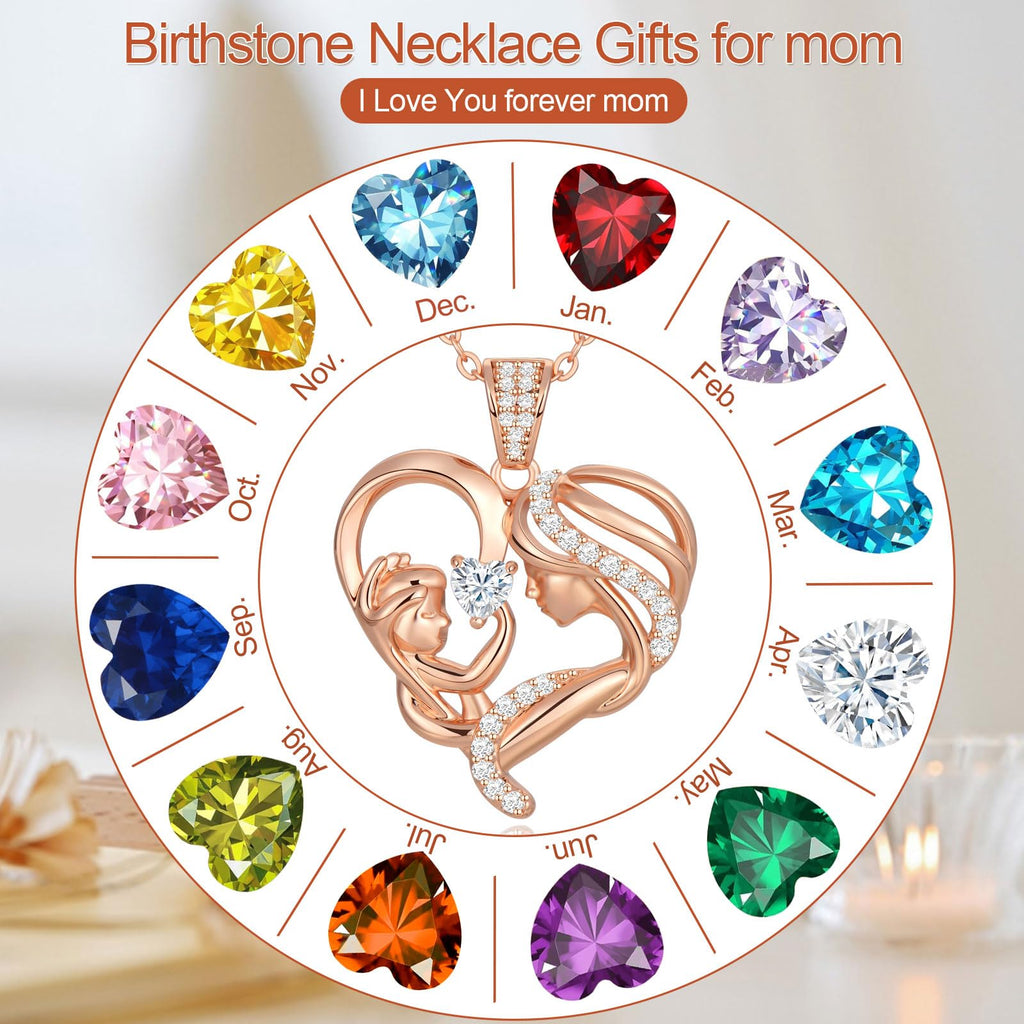 Mothers Day Gifts for Mom Wife Her Grandma, S925 Sterling Silver Birthstone Necklaces Jewelry for Women, Mother's Day Love Heart Pendant Necklace for Anniversary Birthday Christmas Day
