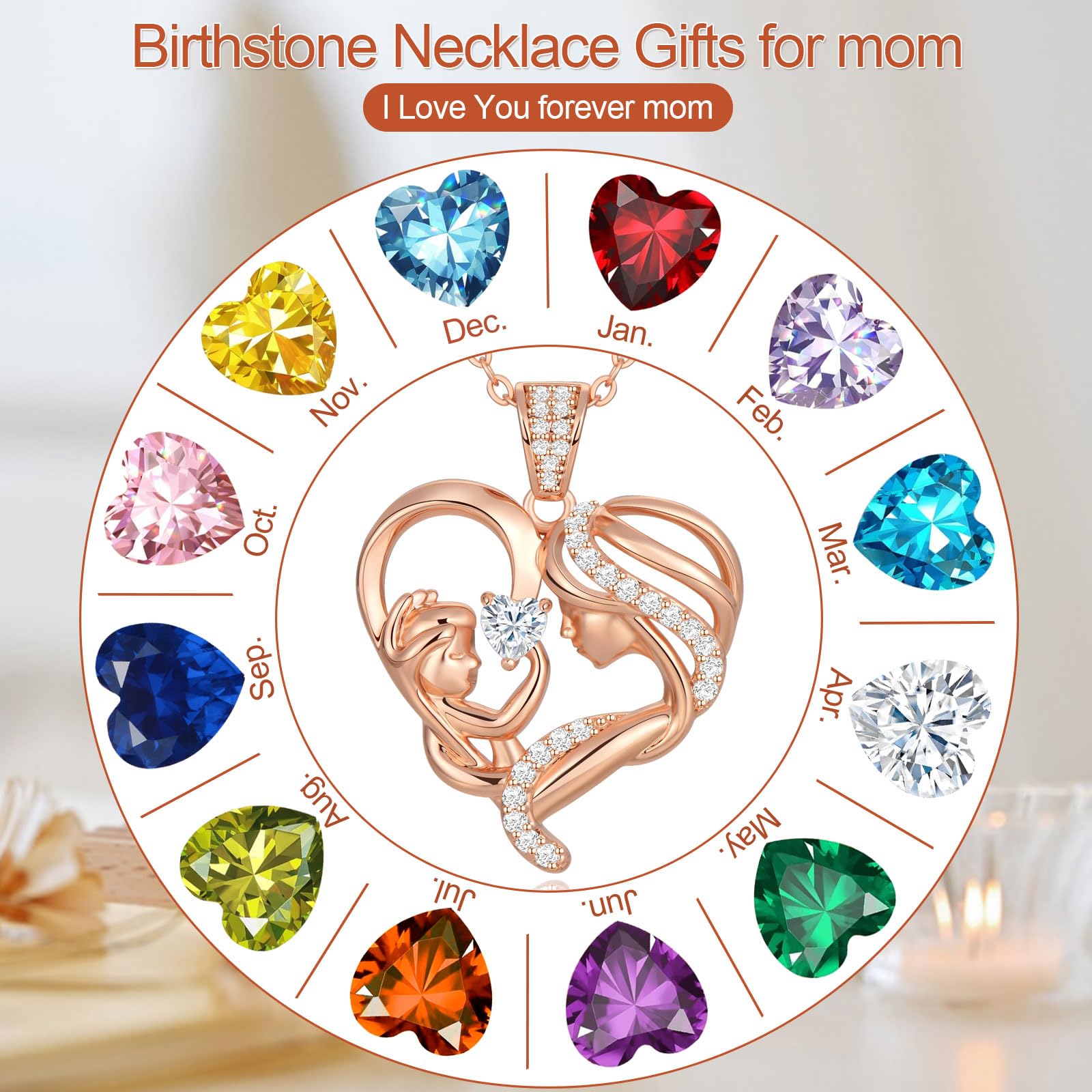 Mothers Day Gifts for Mom Wife Her Grandma, S925 Sterling Silver Birthstone Necklaces Jewelry for Women, Mother's Day Love Heart Pendant Necklace for Anniversary Birthday Christmas Day