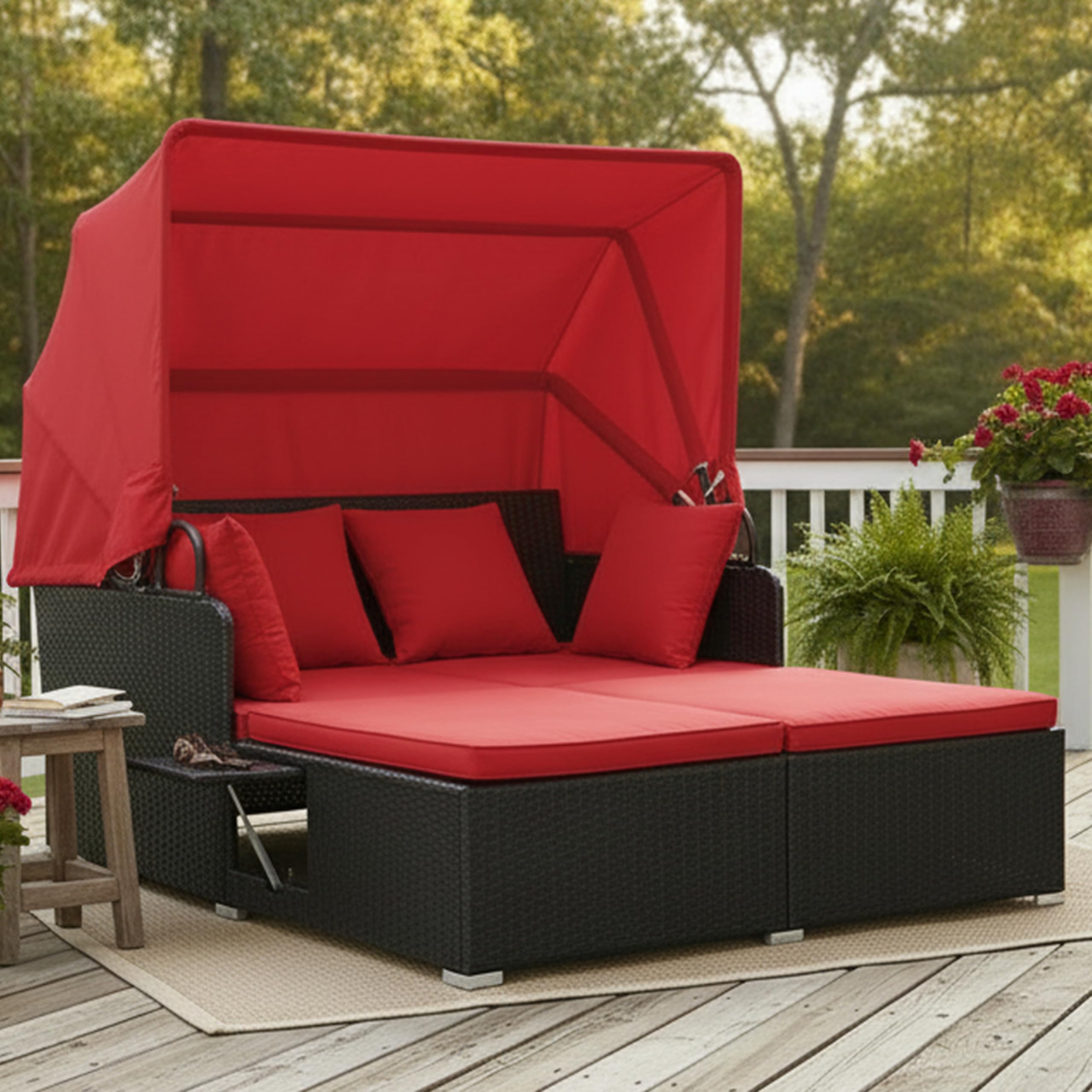 Tangkula Patio Rattan Daybed with Retractable Canopy, Outdoor Wicker Sunbed Lounger with 2 Foldable Side Tables, Thick Seat & Back Cushions, Outside Double Daybed for Garden, Backyard, Porch