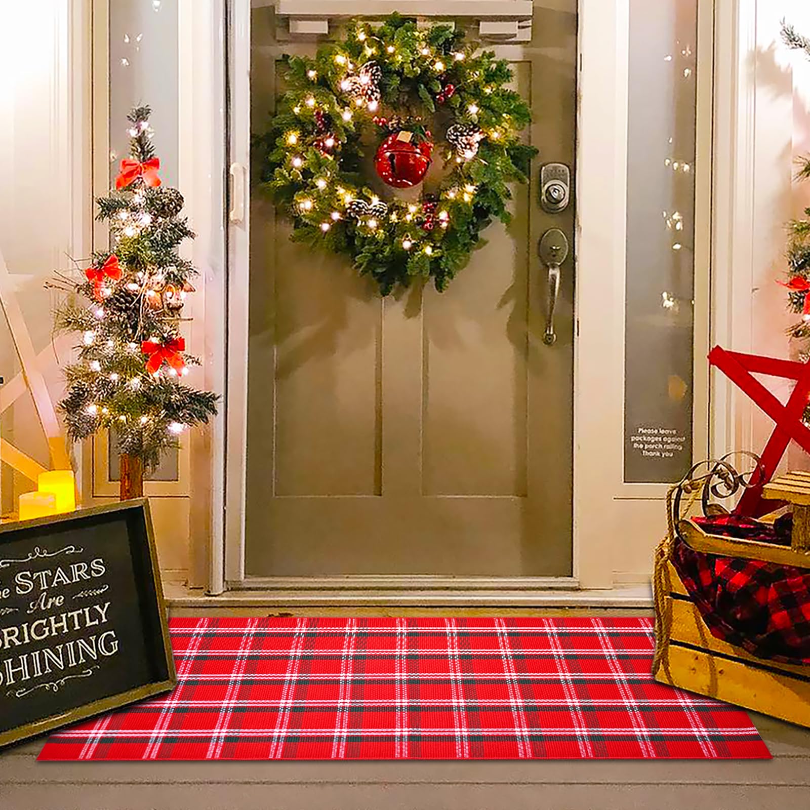 Orange and Black Plaid Rug, 28'' x 43'' Fall Outdoor Front Door Decor Mat, Cotton Washable Hand-Woven Rug for Layered Doormat, Autumn Halloween Thanksgiving Carpet for Porch, Entryway