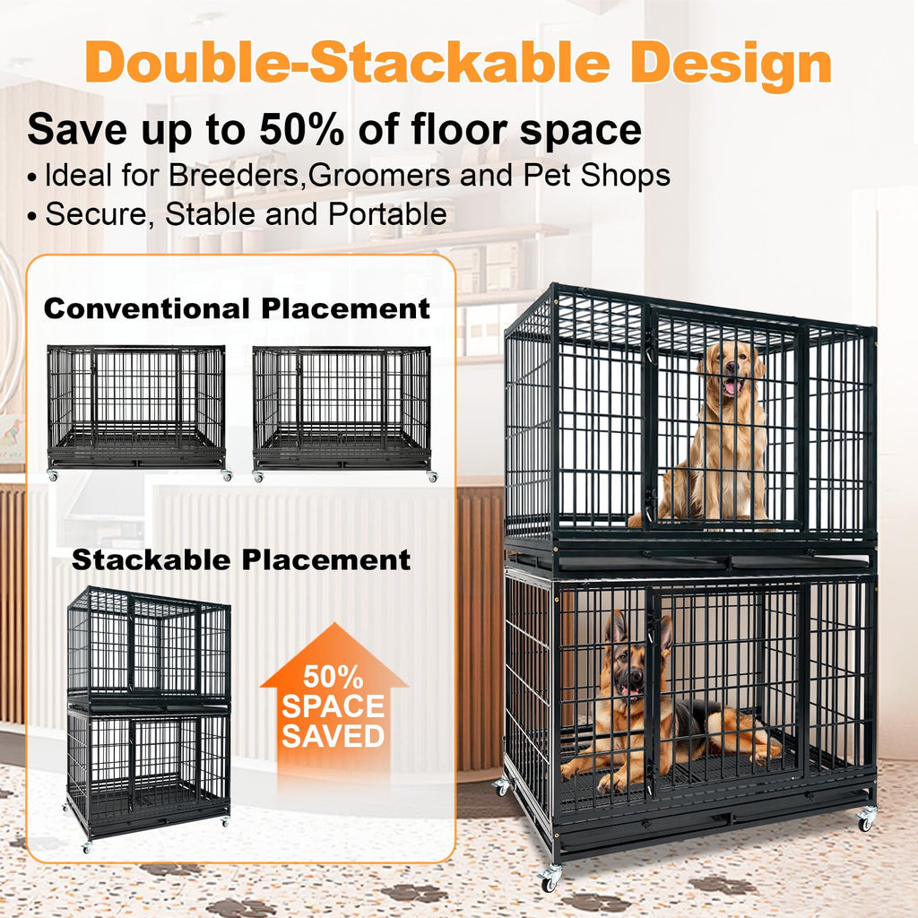 Homey Pet 37 Inch Heavy Duty Dog Crate for Medium Dogs, Stackable Dog Cage with Four Lockable Wheels, Removable Tray & Grid, Open Top, Escape Proof Dog Kennel Indoor