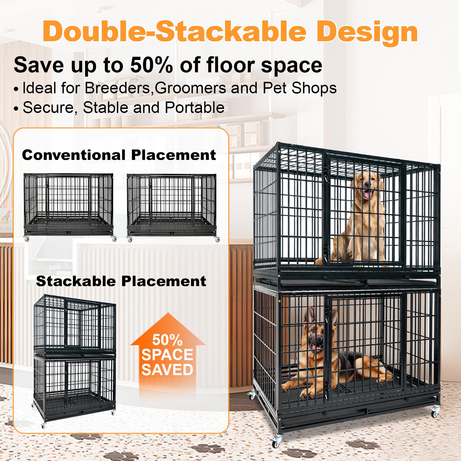 Homey Pet 37 Inch Heavy Duty Dog Crate for Medium Dogs, Stackable Dog Cage with Four Lockable Wheels, Removable Tray & Grid, Open Top, Escape Proof Dog Kennel Indoor