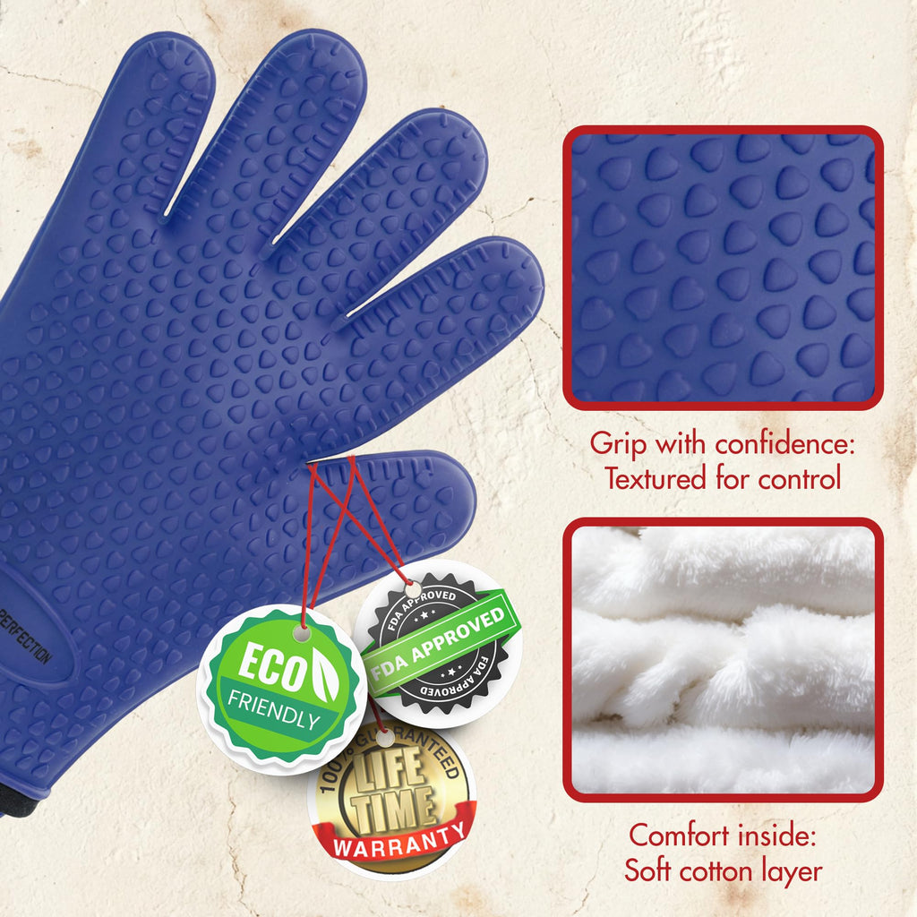 KITCHEN PERFECTION Silicone Oven & Griddle Gloves -Extreme Heat Resistant BBQ & Grilling Gloves -Handle Hot Food Right on Your Griddle |Waterproof Oven Mitts Grill Gloves |Superior Set+3 Bonuses