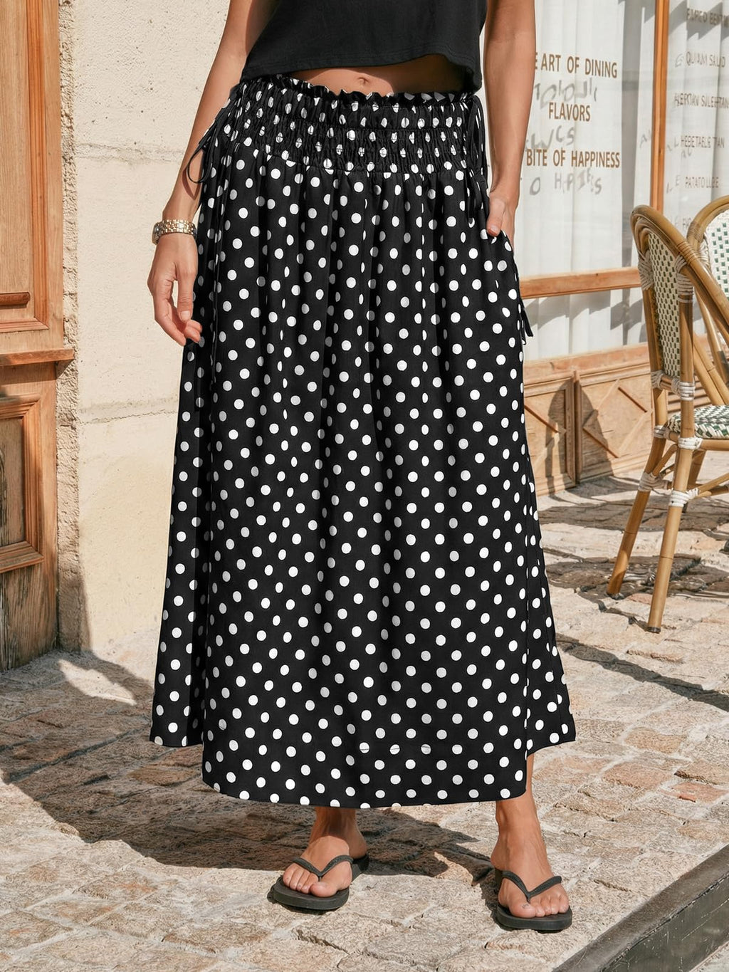Tankaneo Womens Polka Dot Maxi Skirts Boho Smocked High Waisted Tie Skirt Casual Beach Vacation Dress
