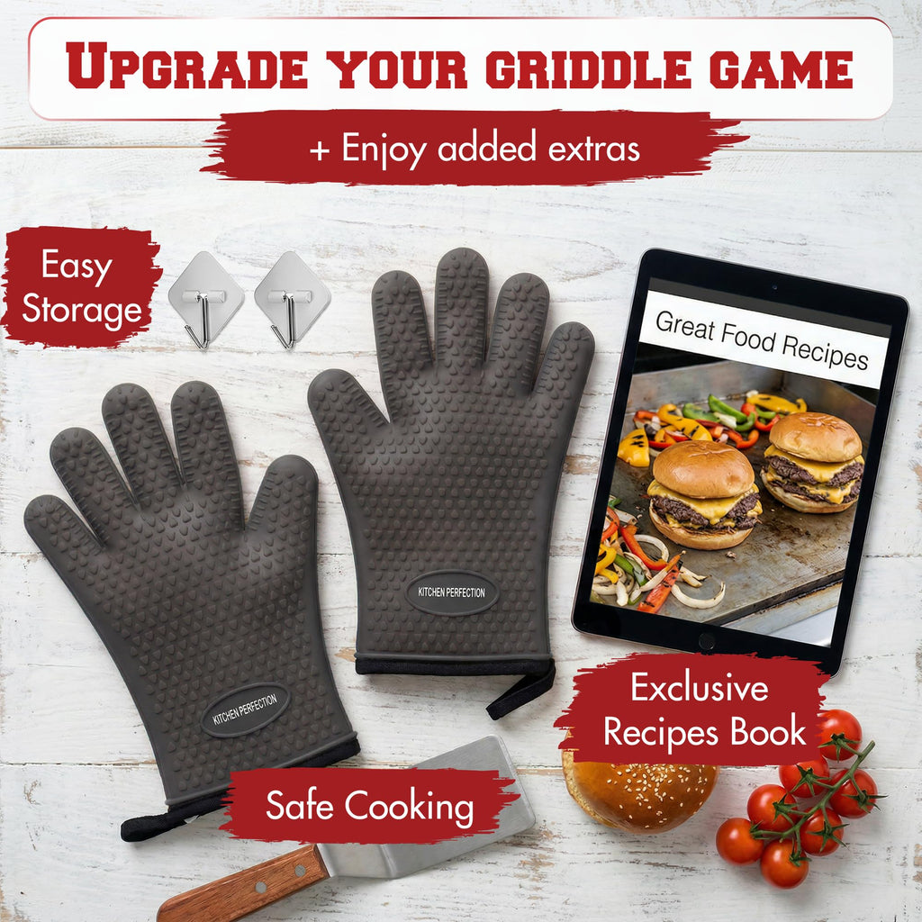KITCHEN PERFECTION Silicone Oven & Griddle Gloves -Extreme Heat Resistant BBQ & Grilling Gloves -Handle Hot Food Right on Your Griddle |Waterproof Oven Mitts Grill Gloves |Superior Set+3 Bonuses