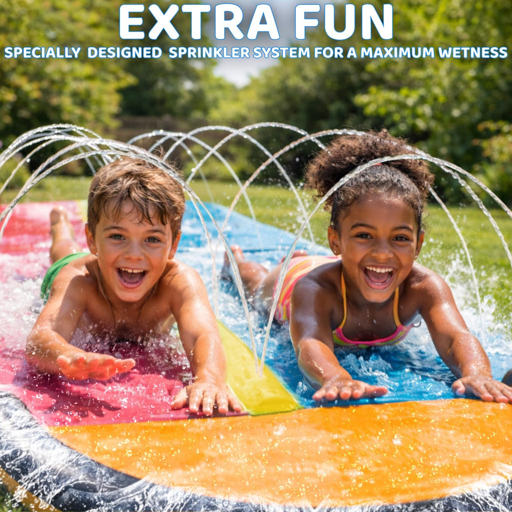 JAMBO Premium Triple Water Slide with 3 Bodyboards, 20Ft Heavy Duty Slip Splash and Slides-Advanced 3-Way Sprinkler System, Splash Pad Mat Backyard Summer Outdoor Water Toys n Long Slides for Kids