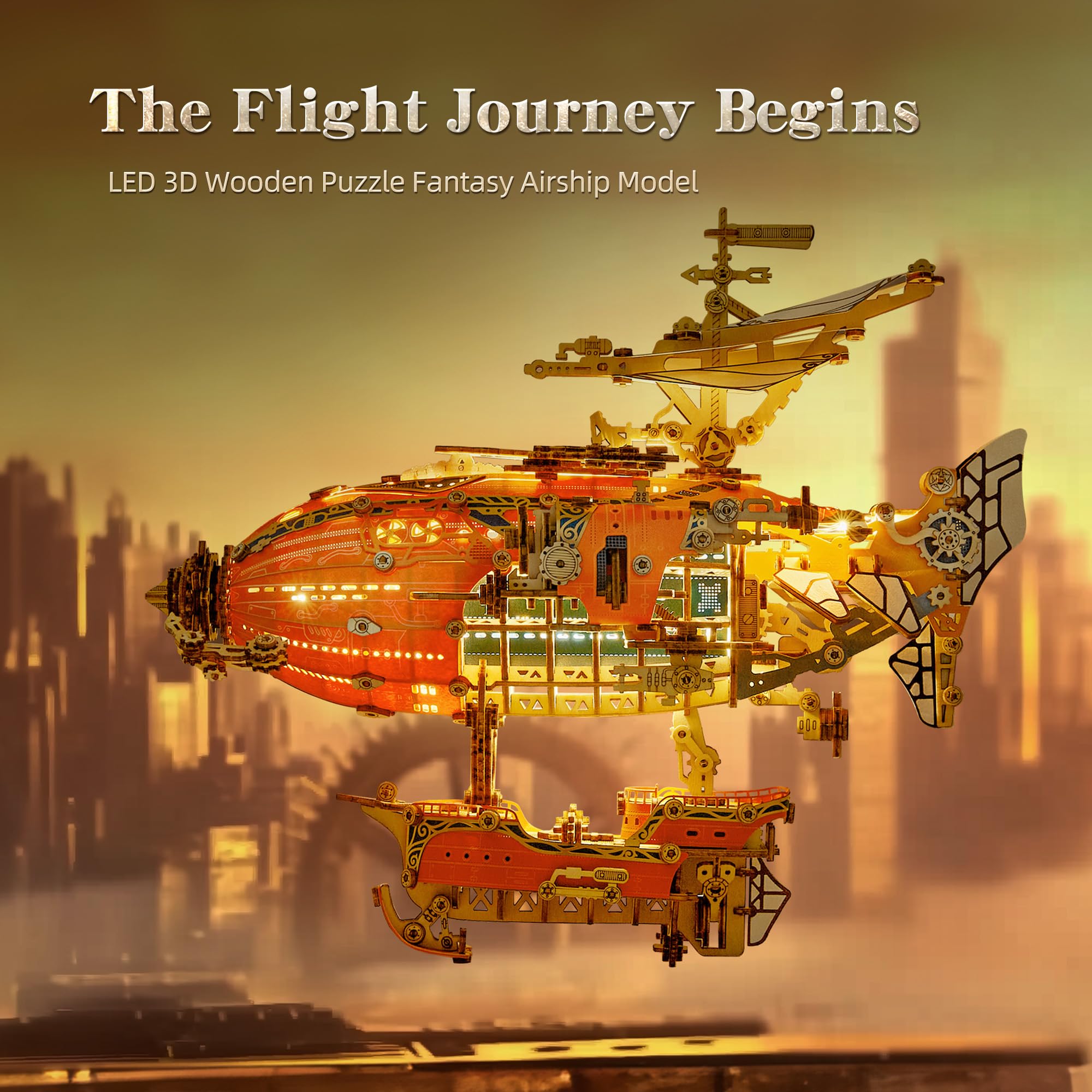 FUNPOLA LED 3D Wood Puzzle Fantasy Airship Model - Steampunk DIY Craft Kit with LED Lights – Intricate Wooden Airship Model Building Set for Teens and Adults(Gray)