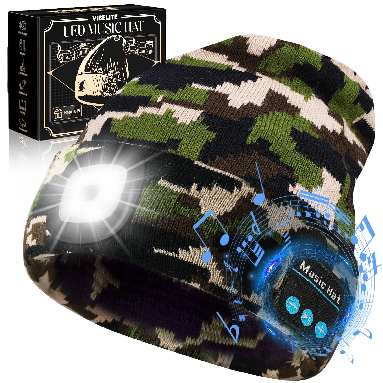 VIBELITE LED Beanie Hat with Light, USB Rechargeable LED Headlamp for Hiking, Camping, Fathers Day Gift for Dad, Husband, Birthday Gifts for Men, Women, Dad Gifts from Daughter, Wife, Black