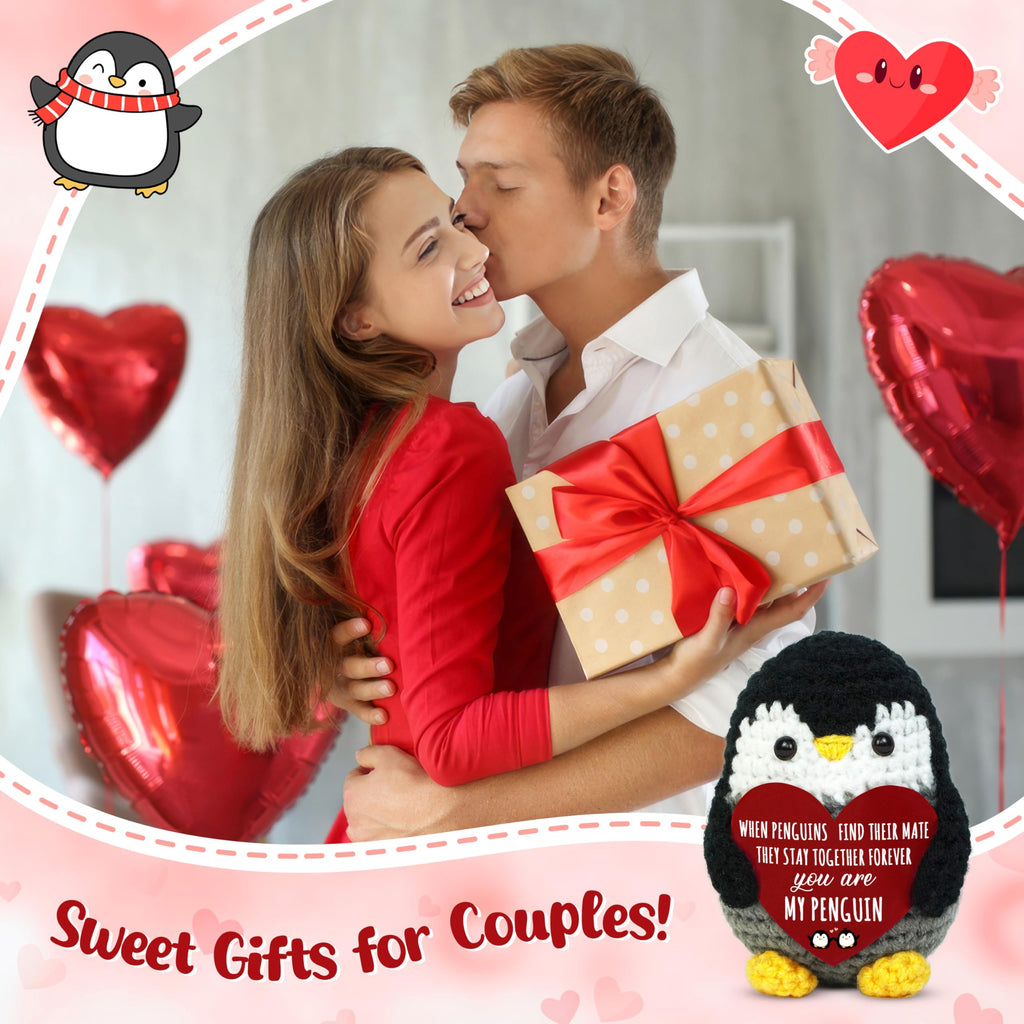 OASSIE Anniversary Couple Gifts for Women Men - Positive Penguin Couple Crochet with Card - Mothers Day Birthday Anniversary Wedding Gifts for Wife Husband Him Her Couples Boyfriend Girlfriend
