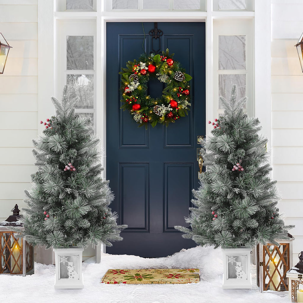 3FT Prelit Premium Snow Flocked Artificial Christmas Tree with Warm White LED, Mini Prelit Xmas Pine Tree for Christmas Decoration,Yard,Home,Office,Outdoor,Indoor,8 Mode Snowflake White Base- 1PC