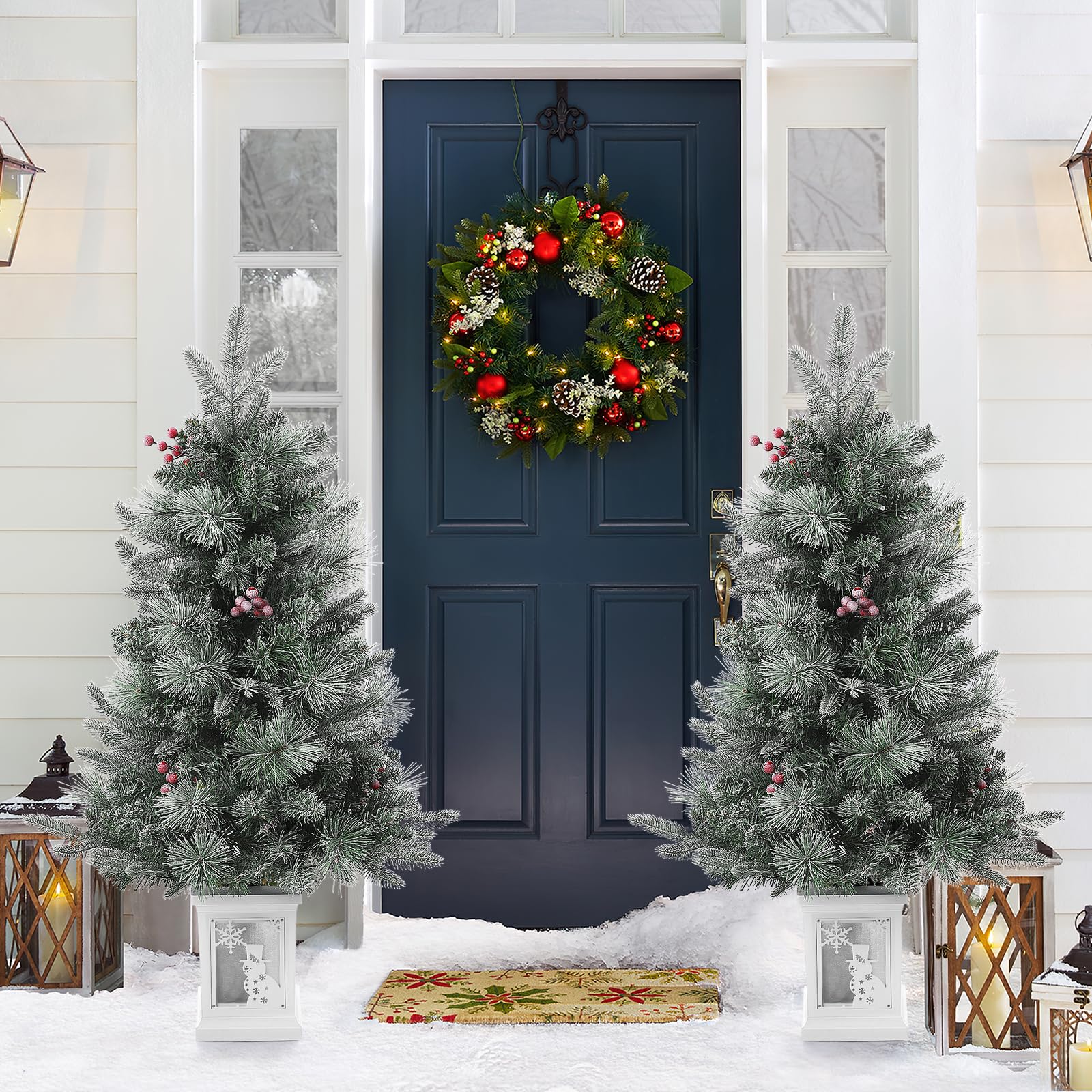 3FT Prelit Premium Snow Flocked Artificial Christmas Tree with Warm White LED, Mini Prelit Xmas Pine Tree for Christmas Decoration,Yard,Home,Office,Outdoor,Indoor,8 Mode Snowflake White Base- 1PC