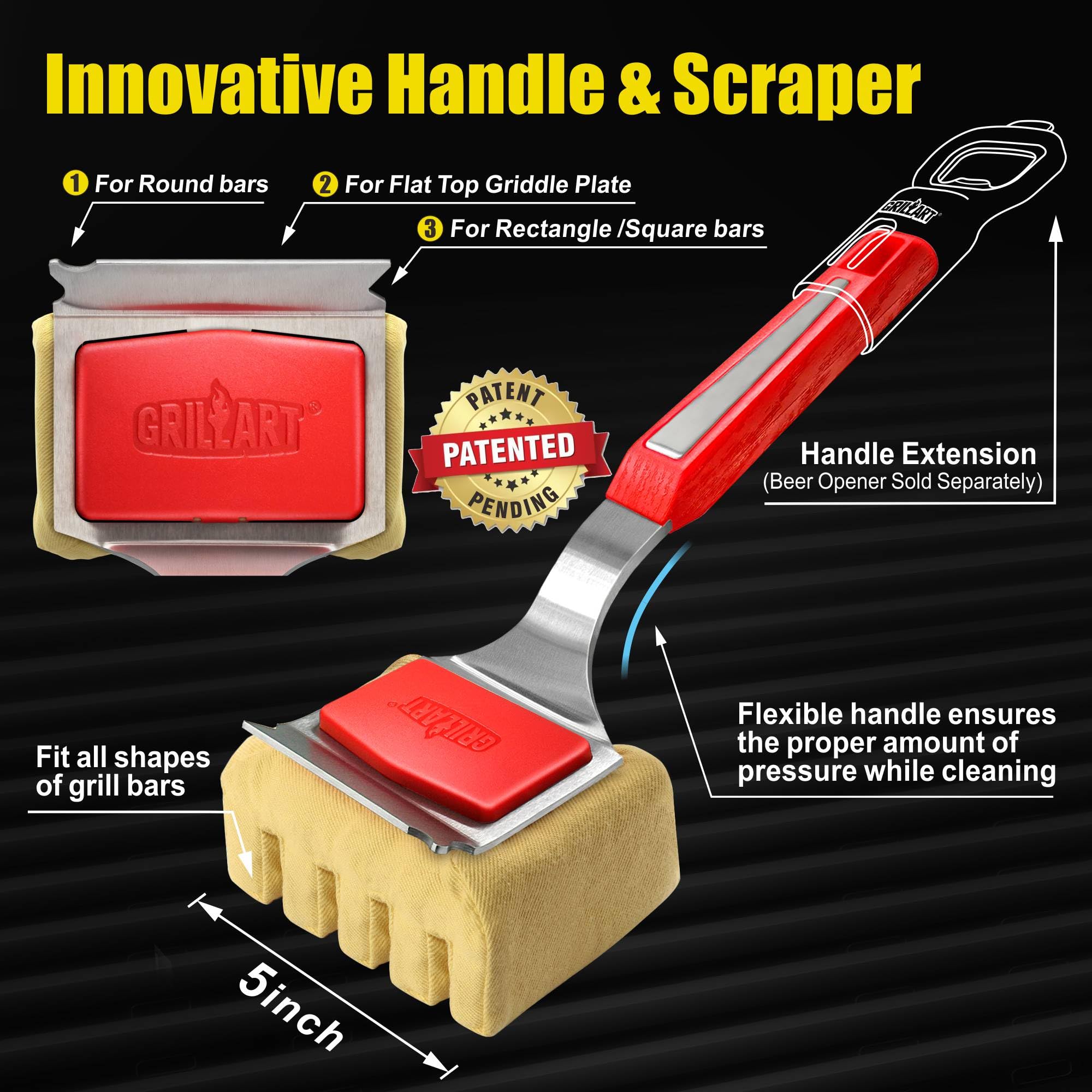 GRILLART Grill Brush Bristle Free. SteamWizards BBQ Replaceable Cleaning Head, Unique Seamless-Fit Scraper Tool for Cast Iron/Stainless-Steel Grates, Safe Barbecue Grill Cleaner-Red