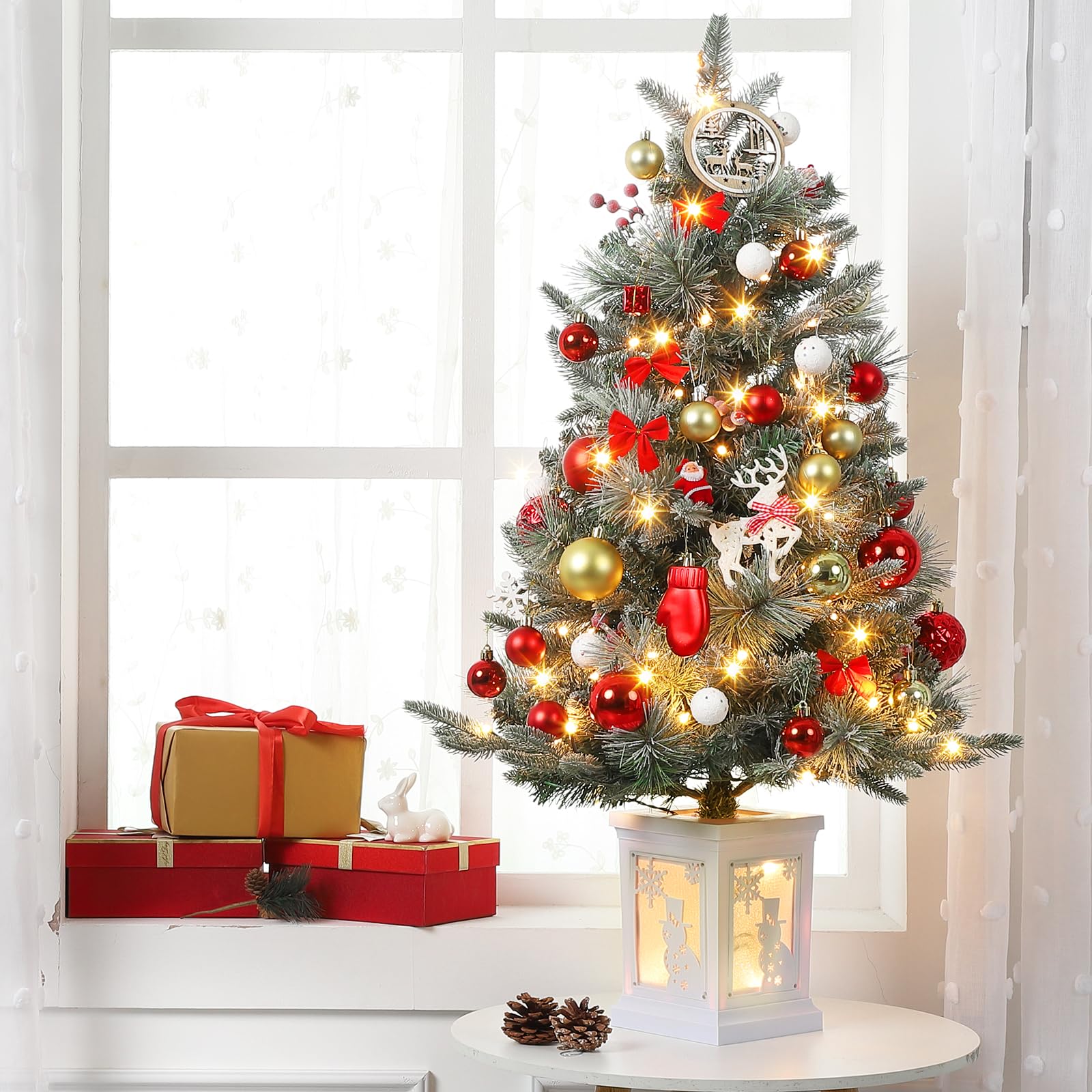 3FT Prelit Premium Snow Flocked Artificial Christmas Tree with Warm White LED, Mini Prelit Xmas Pine Tree for Christmas Decoration,Yard,Home,Office,Outdoor,Indoor,8 Mode Snowflake White Base- 1PC