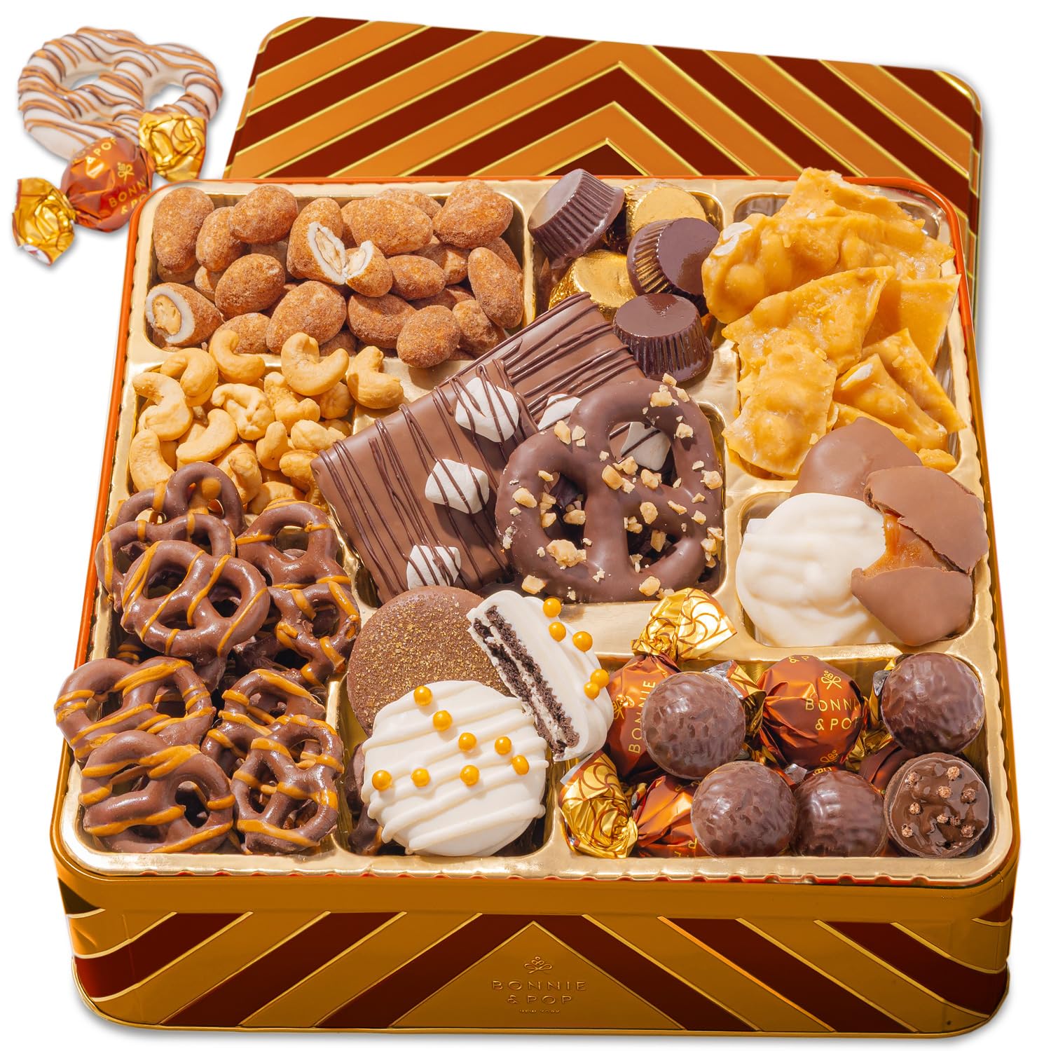Caramels and Nut Sweet and Savory Gift Basket for Christmas Gifts, Dad, Men, Women, Holiday Parties | Gourmet Holiday Snack Tin Box | Churro Cinnamon and Sugar Pretzels | Sea Salt Caramels and Brittle| Prime Delivery Gift | Bonnie & Pop