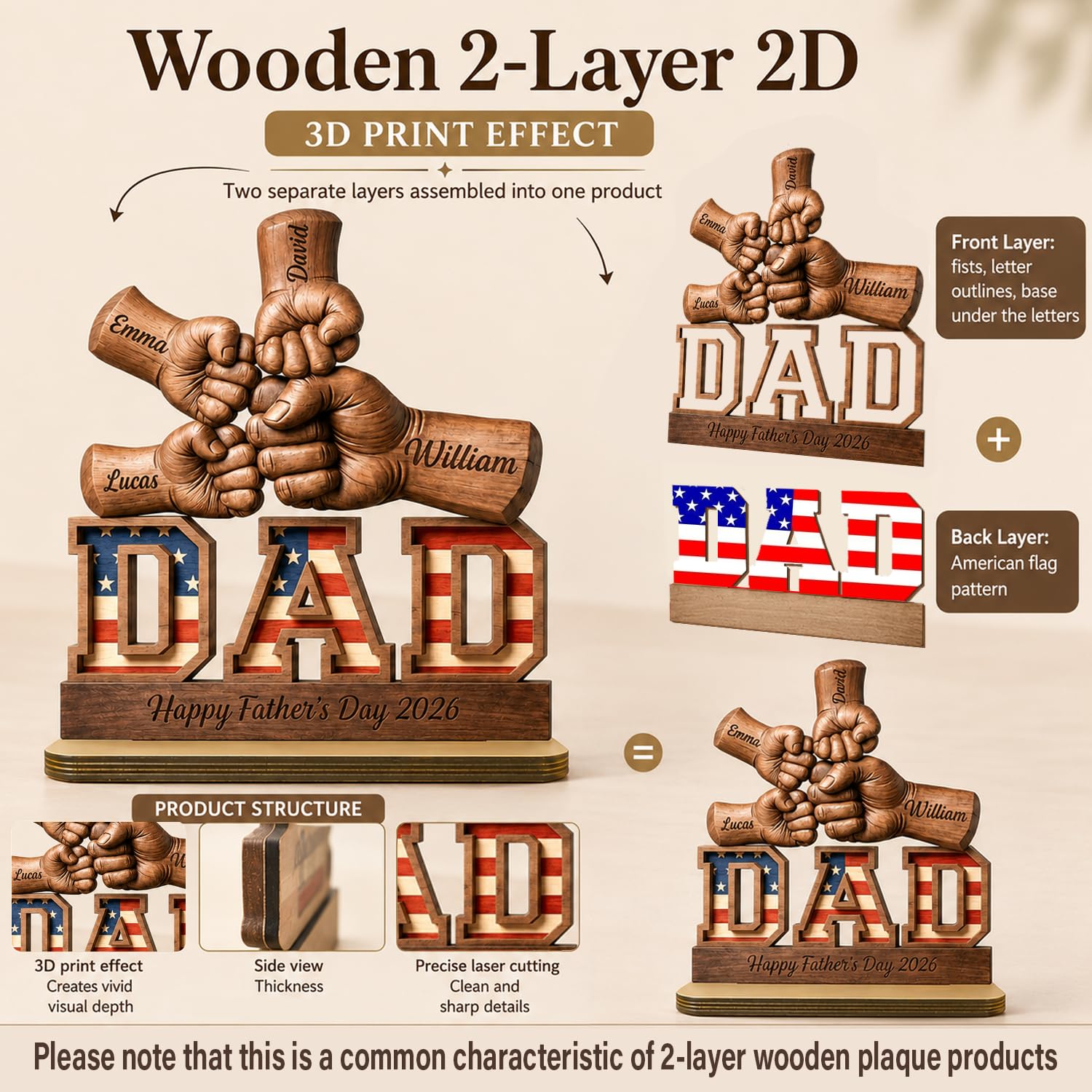 Personalized Fist Bump Dad and Kids Name Wooden Plaque, Custom Fathers Day Plaque for Dad Grandpa, Customized Sign Decorations for Daddy, Grandpa, Heartfelt Father's Day Birthday Gifts for Husband