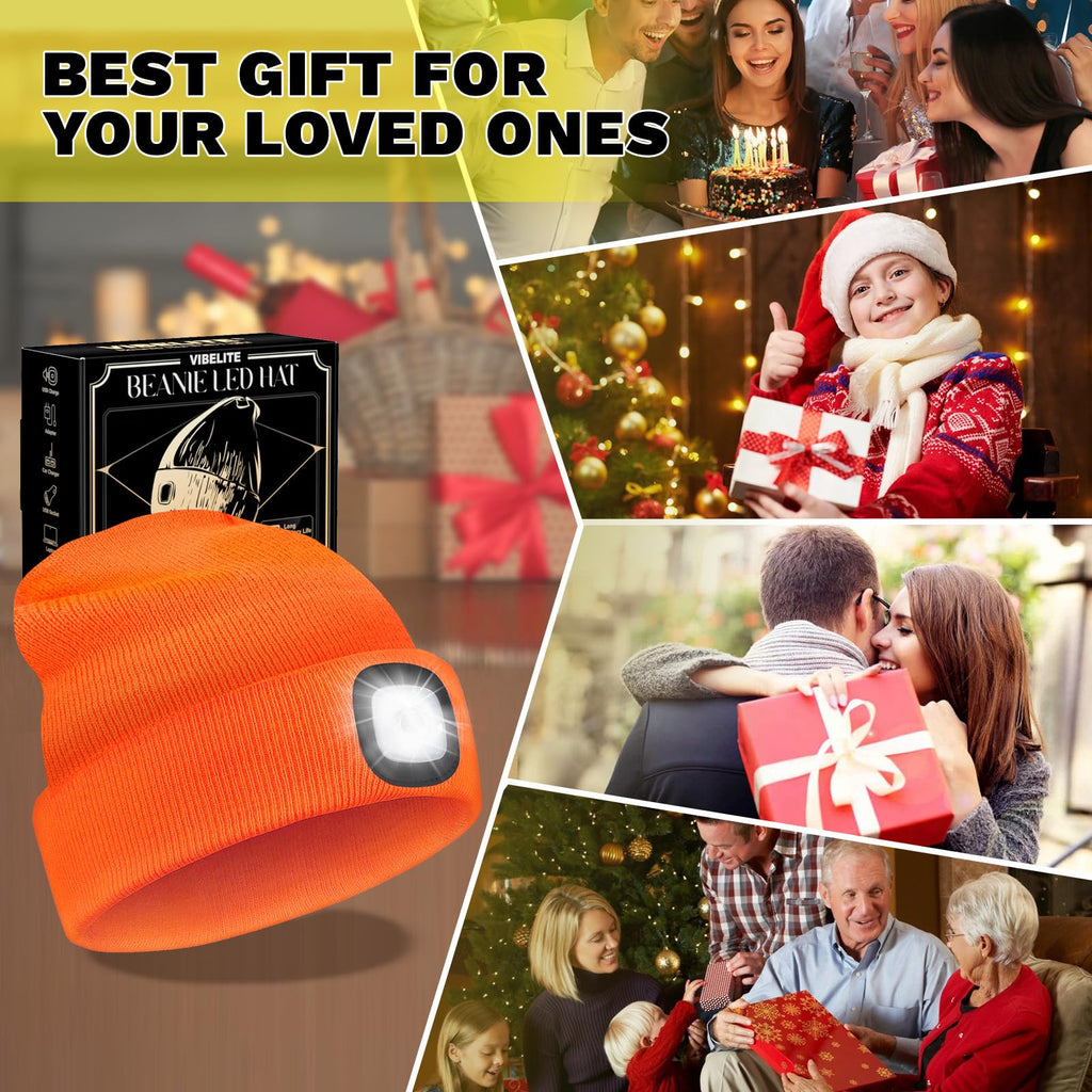 VIBELITE LED Beanie Hat with Light, USB Rechargeable LED Headlamp for Hiking, Camping, Fathers Day Gift for Dad, Husband, Birthday Gifts for Men, Women, Dad Gifts from Daughter, Wife, Black