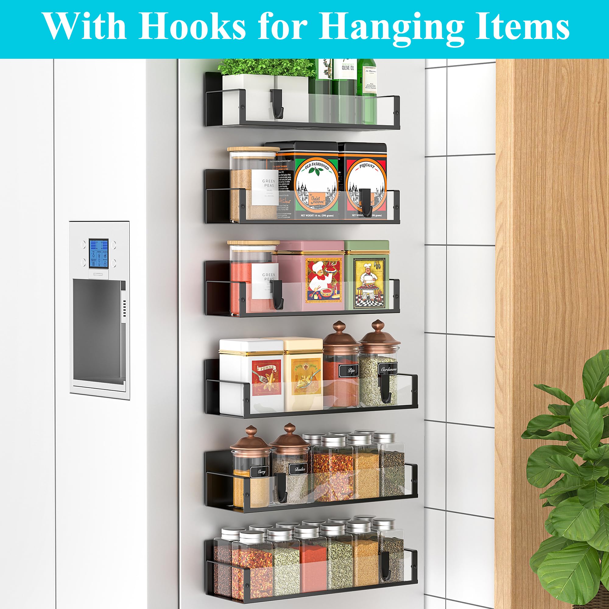 HuggieGems Metal 4 Pack Magnetic Spice Storage Rack Organizer for Refrigerator and Oven, Black Fridge Organizers and Storage, Metal
