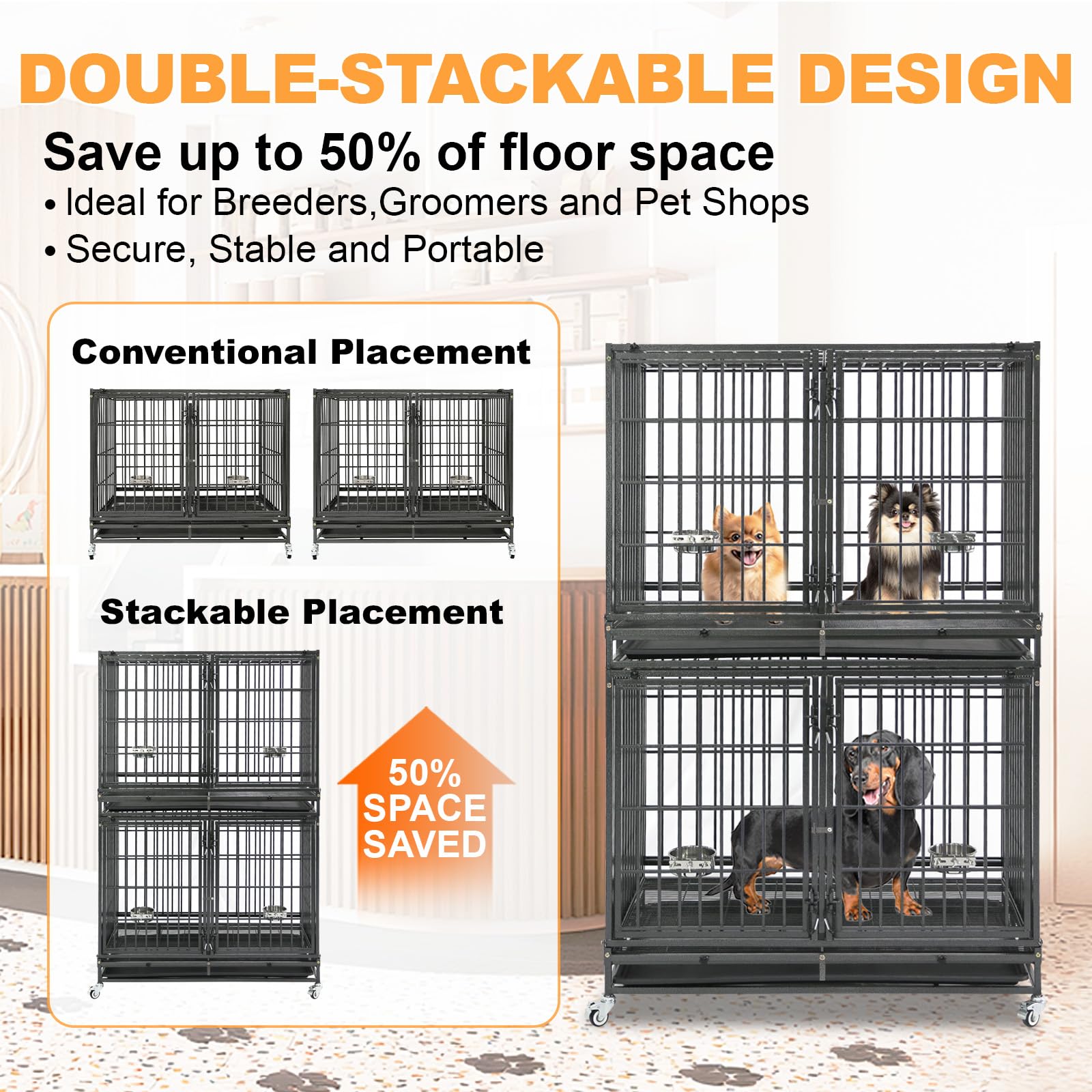 Homey Pet 37 Inch Heavy Duty Dog Crate for Medium Dogs, Stackable Dog Cage with Four Lockable Wheels, Removable Tray & Grid, Open Top, Escape Proof Dog Kennel Indoor