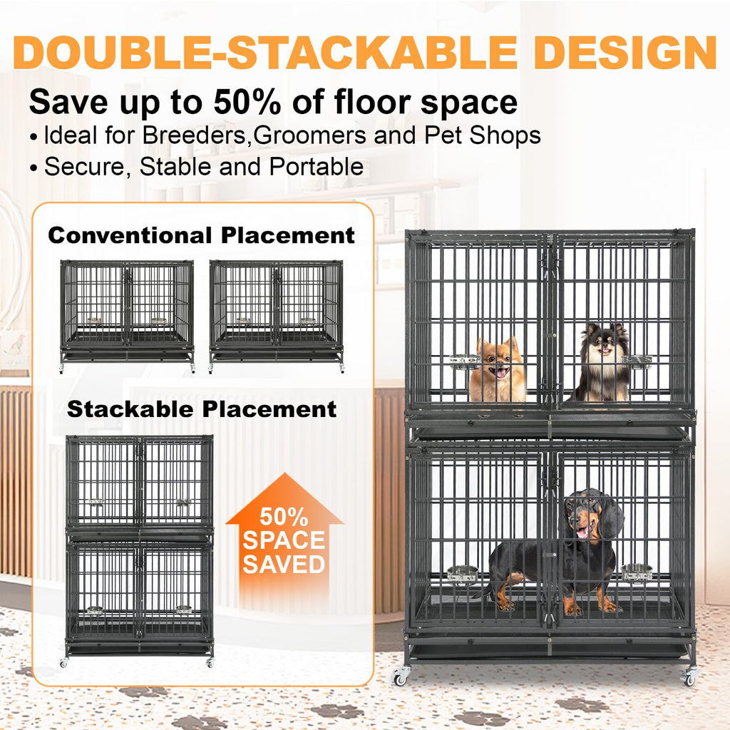 Homey Pet 37 Inch Heavy Duty Dog Crate for Medium Dogs, Stackable Dog Cage with Four Lockable Wheels, Removable Tray & Grid, Open Top, Escape Proof Dog Kennel Indoor