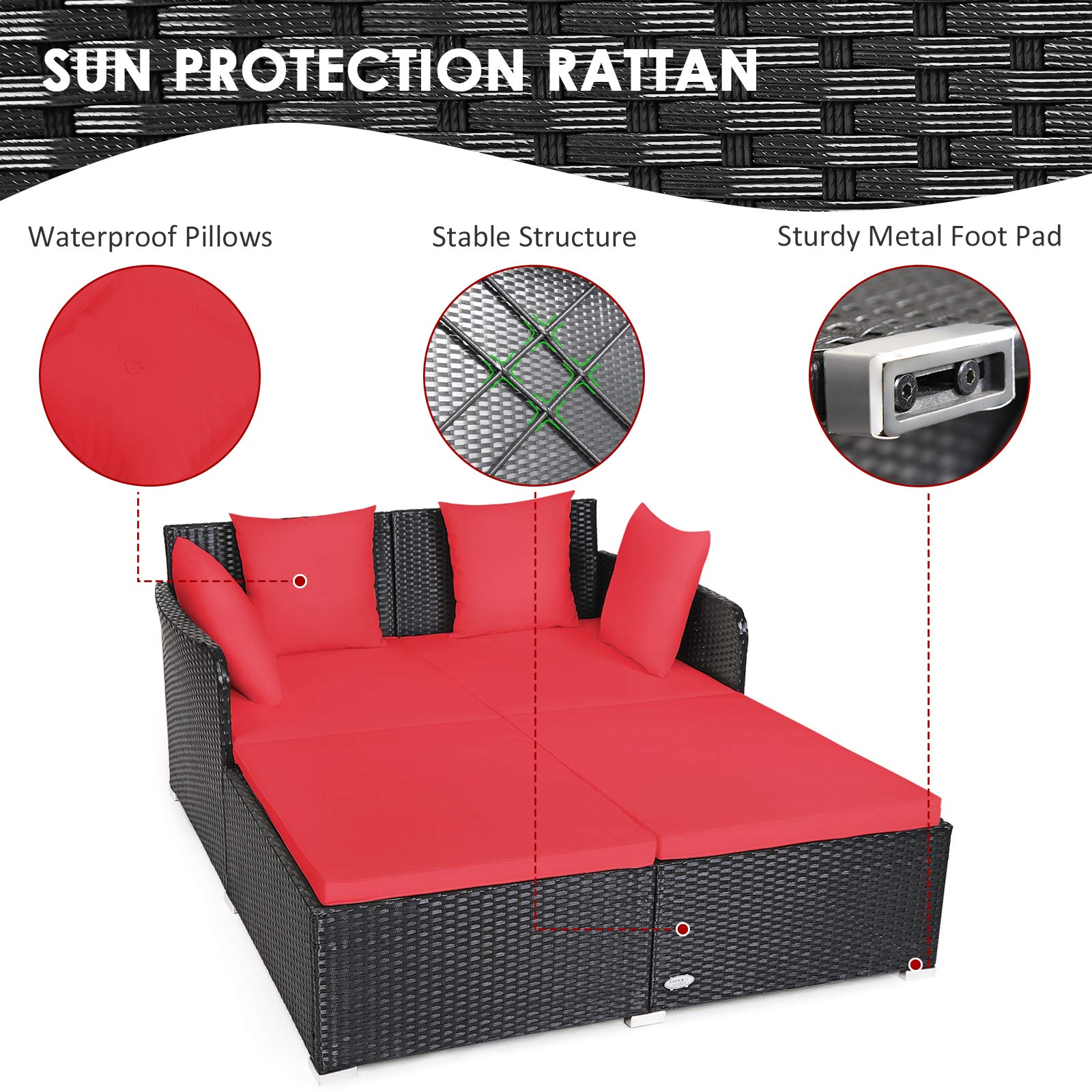 Tangkula Patio Rattan Daybed with Retractable Canopy, Outdoor Wicker Sunbed Lounger with 2 Foldable Side Tables, Thick Seat & Back Cushions, Outside Double Daybed for Garden, Backyard, Porch