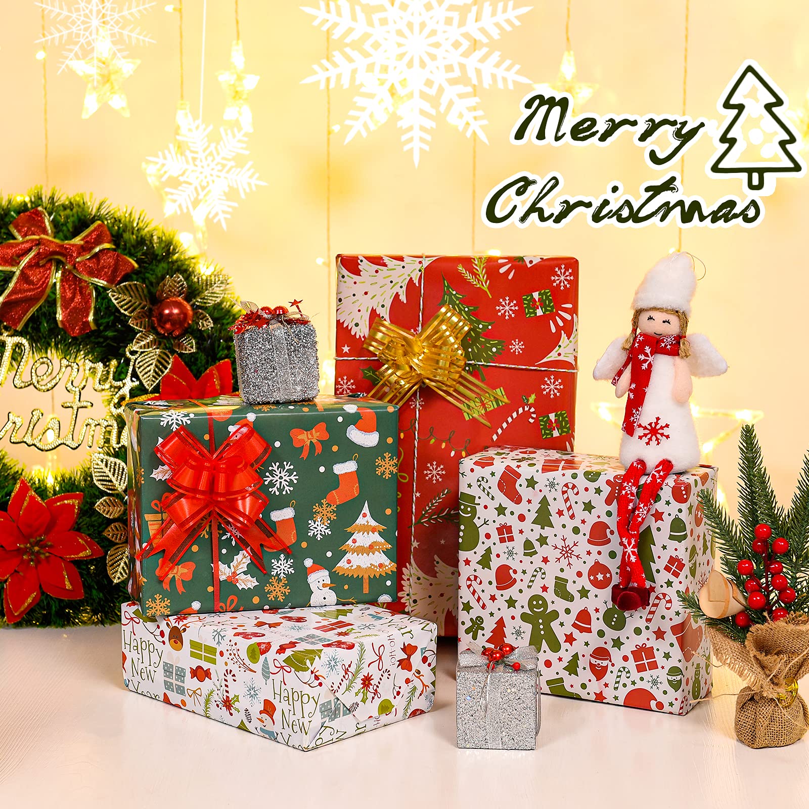 Christmas Wrapping Paper Folded for Kids Boys Girls Man Women Gift's. Papercraft Snowmen, Candy Canes, Tree, Socks, Snowflakes, Happy New Year Bulk of 12 Sheets 20"x 29" Folded