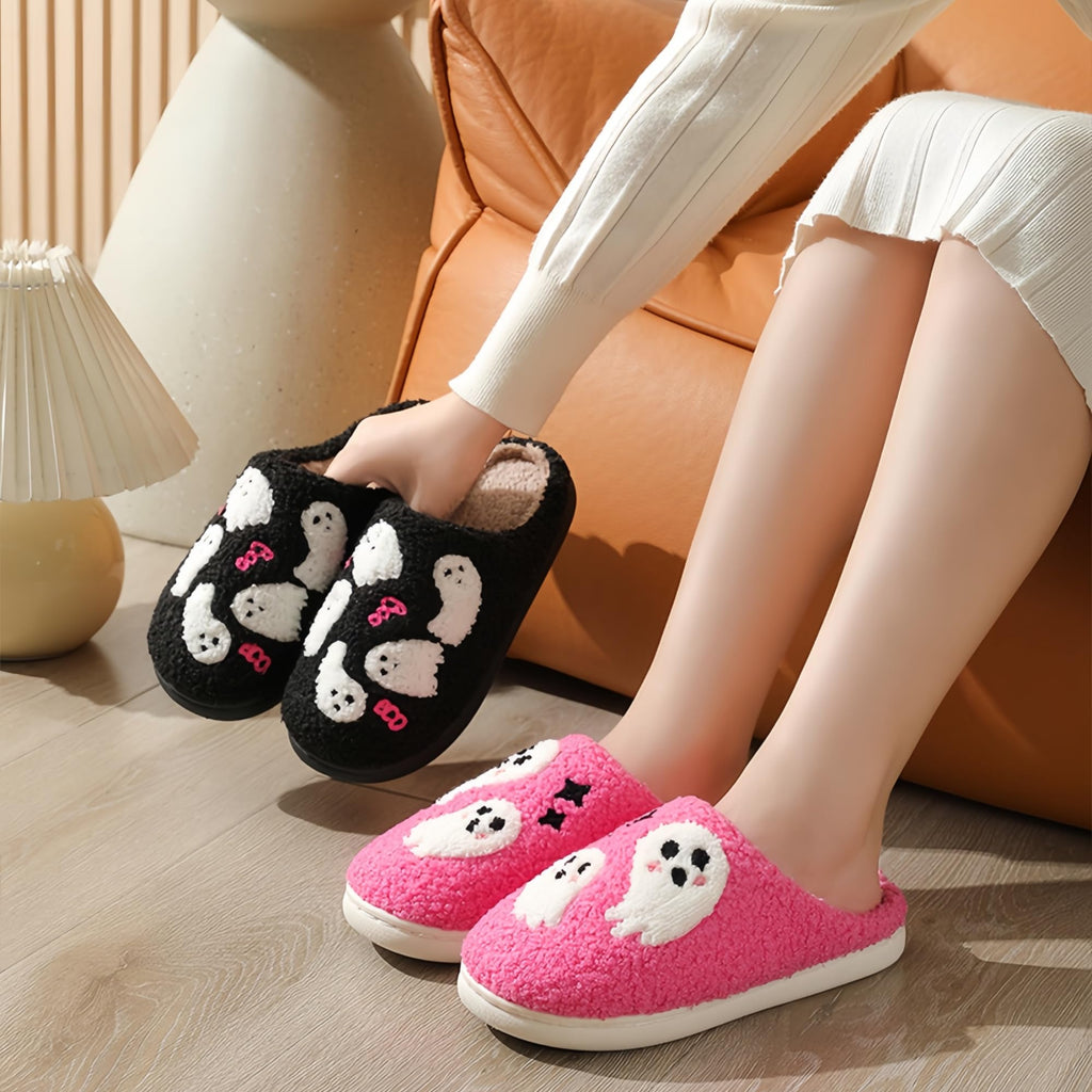 Halloween Slippers for Women Retro Soft Cozy Comfy Plush Lightweight Slip-on Indoor Outdoor Anti-Skid Sole Christmas House Shoes