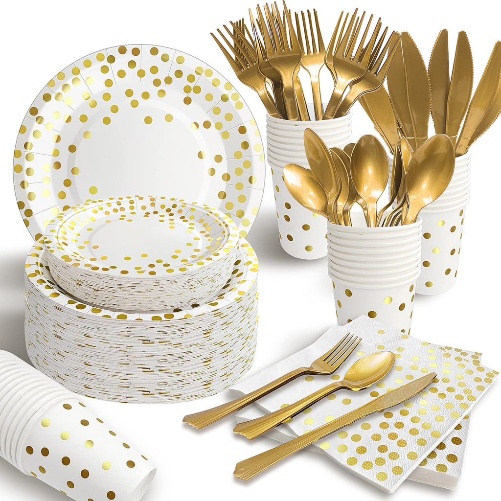 AIRE 175PCS Black and Gold Paper Plates Party Supplies for 25 Guests Disposable Party Decorations Dinnerware Golden Dot Black Paper Plates Napkins Cups Gold Plastic Forks Knives Spoons for Mothers Day