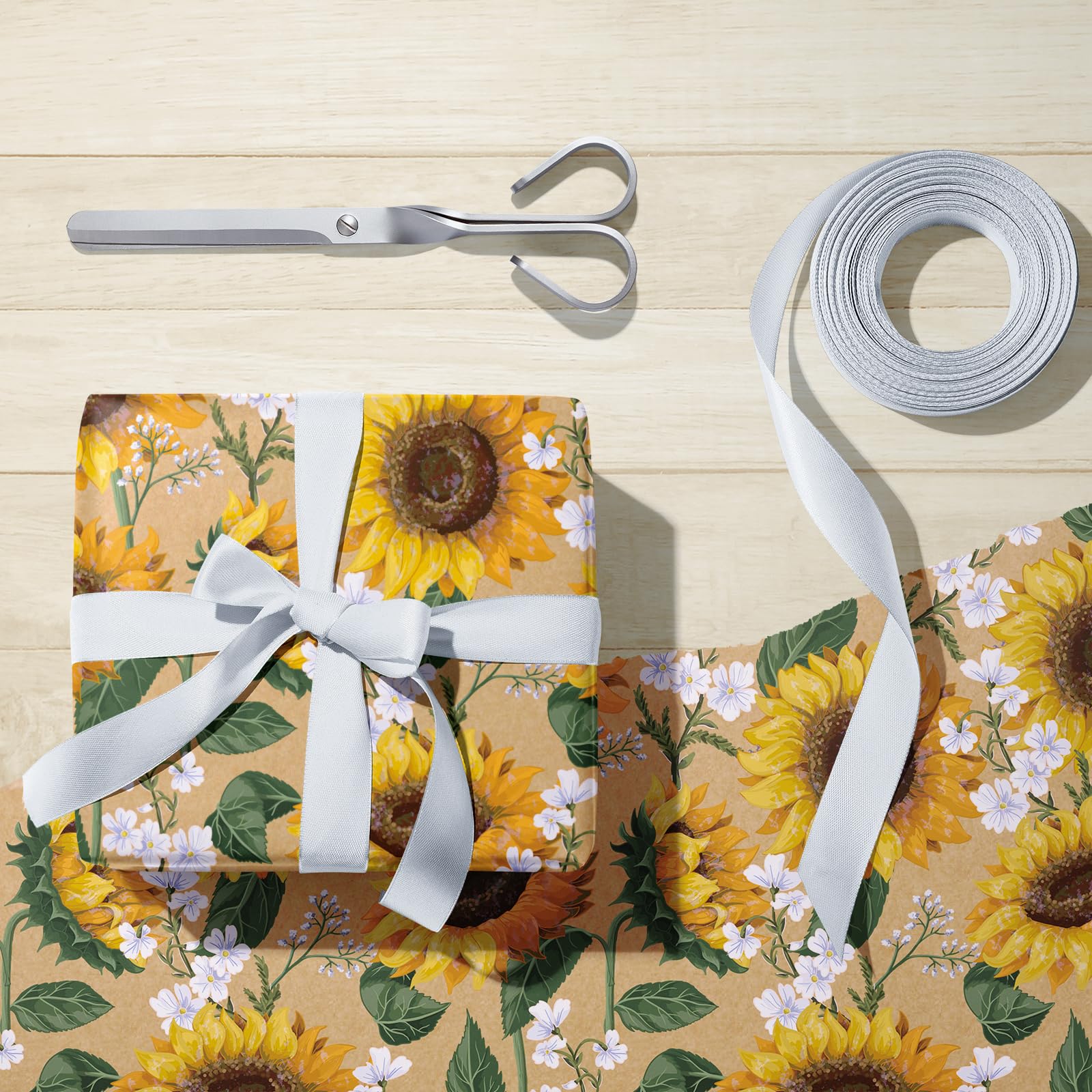 WRAPAHOLIC Kraft Floral Wrapping Paper Roll - Mini Roll - 17 Inch x 9.8 Feet - Spring Summer Garden Flower Design Perfect for Wedding, Bridal Shower, Birthday