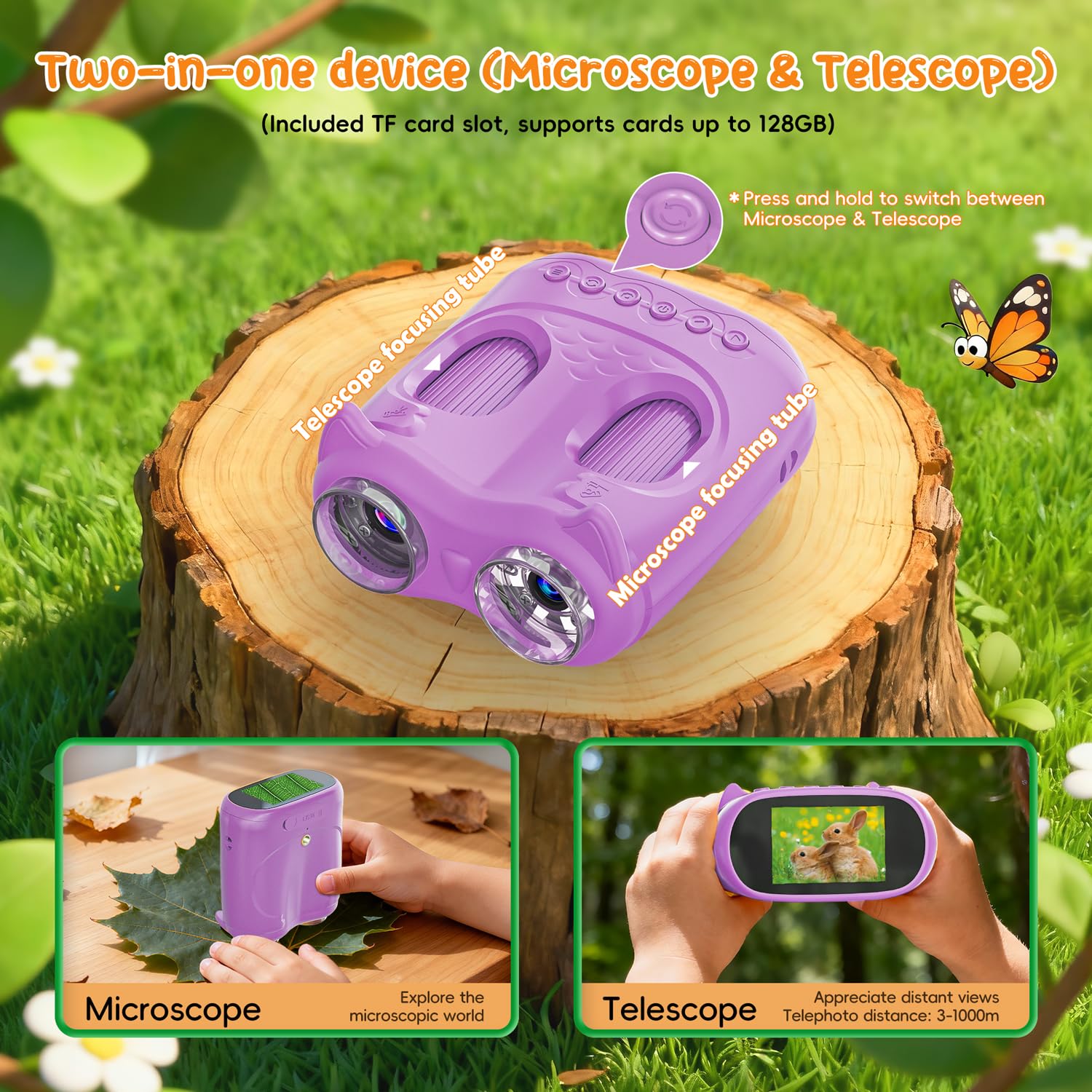 2-in-1 Kids Microscope Telescope, Temodu 2.0" 1000X Digital Microscope for Kids, HD Portable Education Telescope for Kids Birthday Festival Gift, Science Fun Toys for Children Age 4-12 (Yellow)