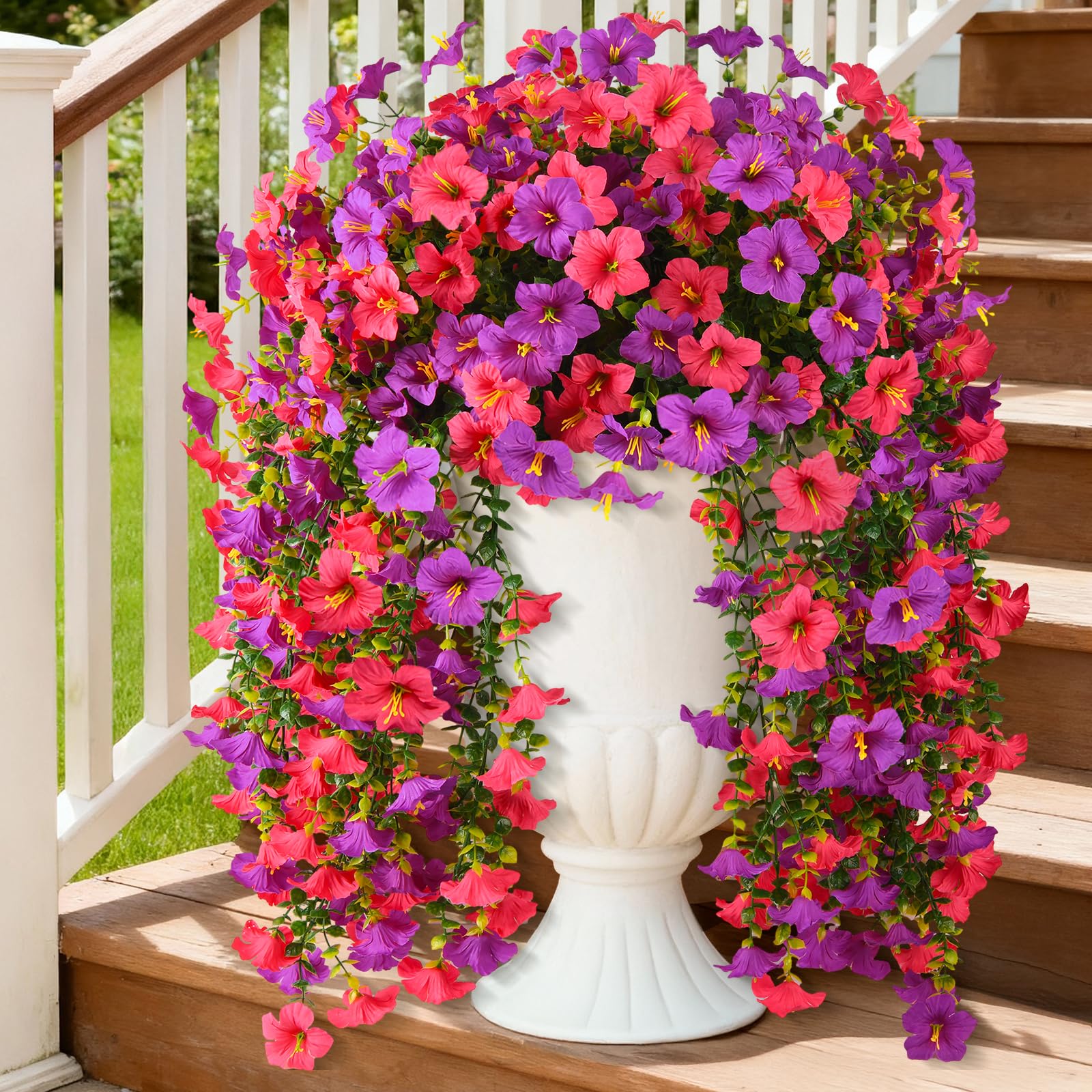 Artificial Fake Flowers Plants for Outdoor Spring Summer Decoration,2 PCS Faux Silk Morning Glory with Eucalyptus Leaves,UV Resistant Realistic Outdoor Flowers for Balcony Porch Patio Yard Garden