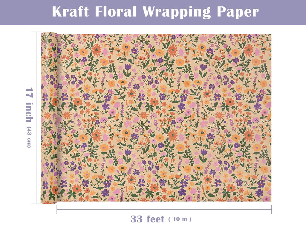 WRAPAHOLIC Kraft Floral Wrapping Paper Roll - Mini Roll - 17 Inch x 9.8 Feet - Spring Summer Garden Flower Design Perfect for Wedding, Bridal Shower, Birthday