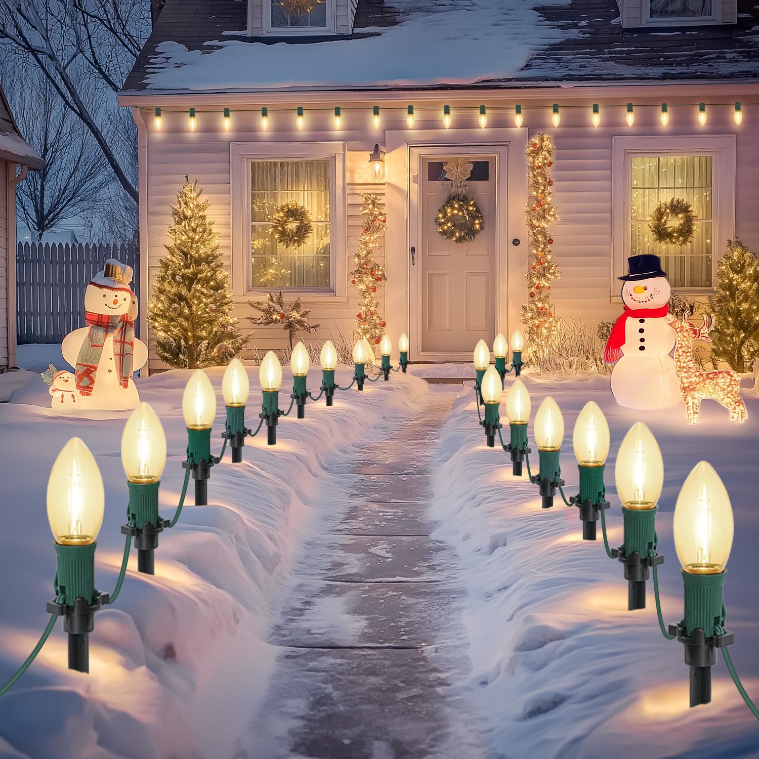 USOKYO 45Ft C9 Led Christmas Pathway Lights Outdoor, 30 Multicolor Bulbs Waterproof Connectable Christmas Walkway Lights for Driveway, Yard, Lawn, Sidewalk Decorations