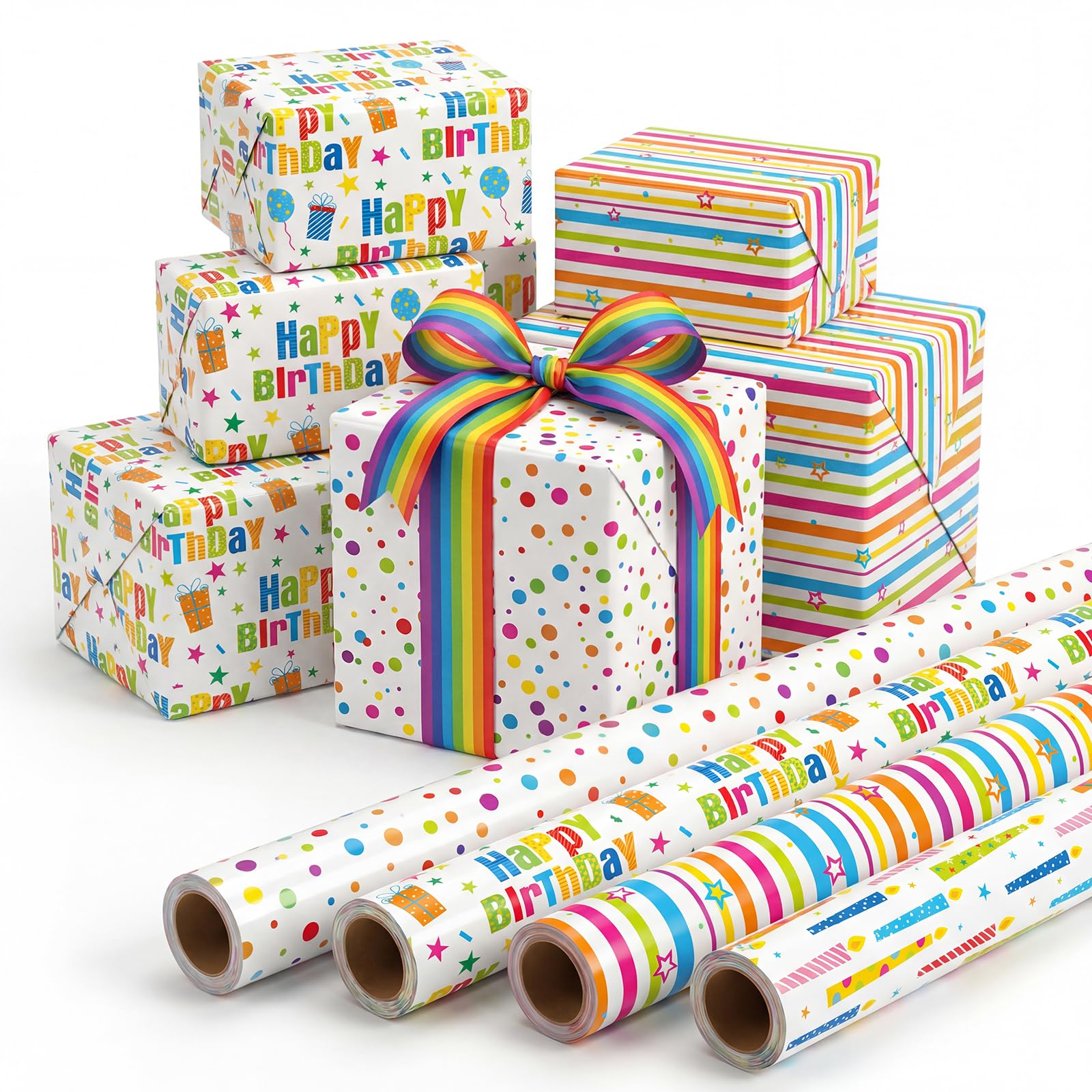 woric 4 Rolls Sage Green Wrapping Paper Neutral Wrapping Paper with Stripe Polka Dot Check Beige Leaves Design for Baby Shower Wedding Bridal Shower Graduation Birthday-17 x 120 in Per Roll