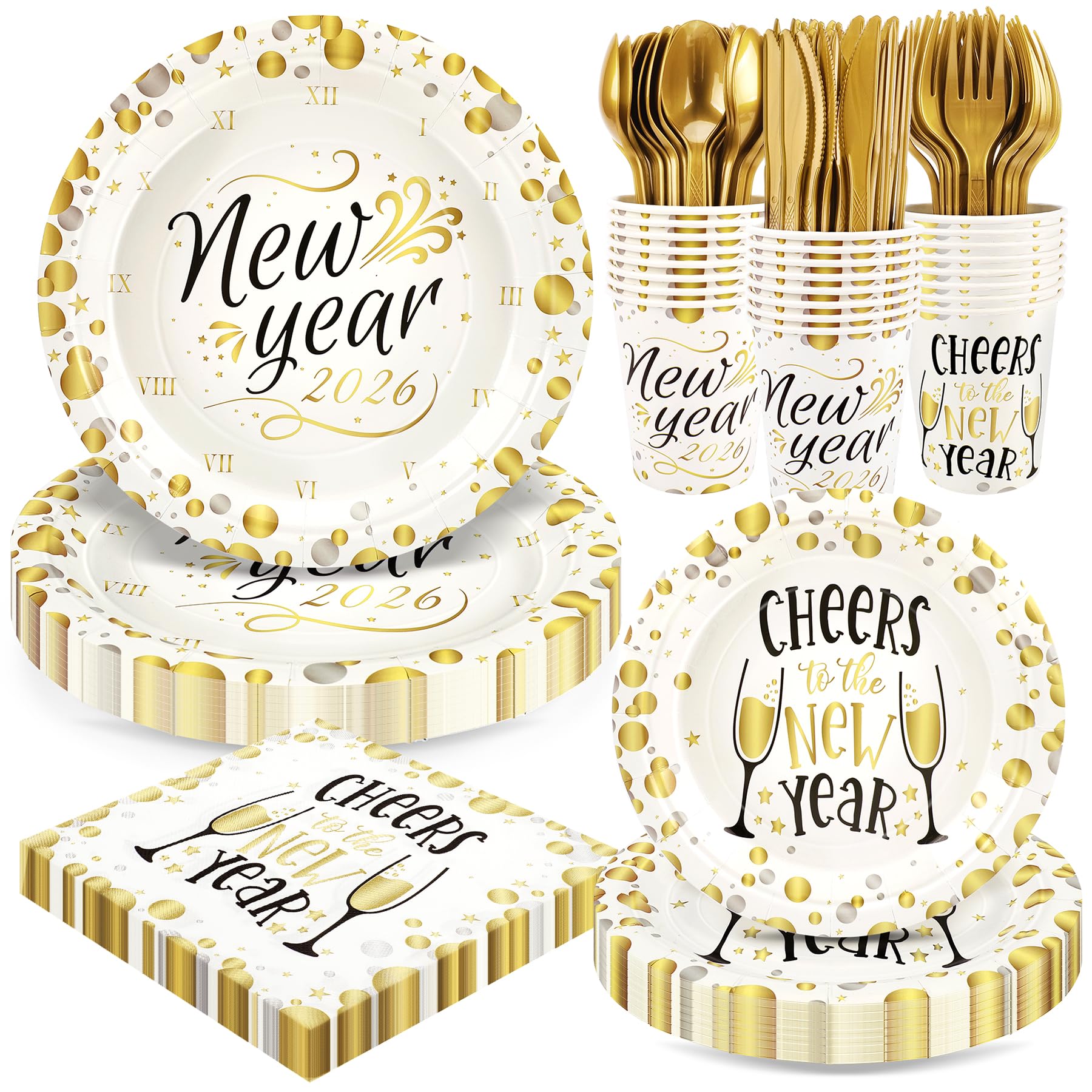 168pcs Happy New Year Party Supplies, Black and White Paper Plates Napkins Cups and Transparent Gold Cutlery for 24 Guests, 2026 New Year Disposable Tableware Supplies for Party Decorations