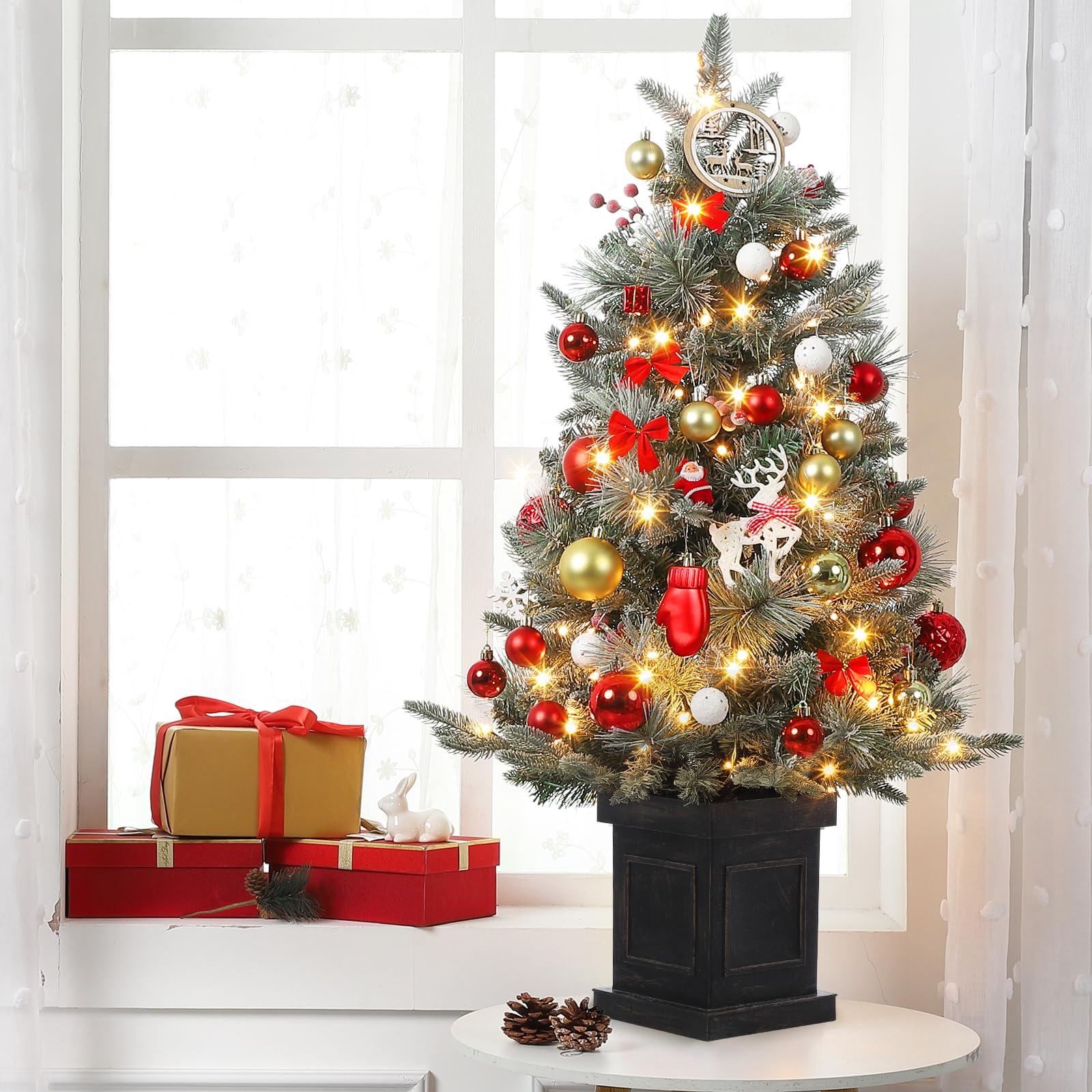 3FT Prelit Premium Snow Flocked Artificial Christmas Tree with Warm White LED, Mini Prelit Xmas Pine Tree for Christmas Decoration,Yard,Home,Office,Outdoor,Indoor,8 Mode Snowflake White Base- 1PC