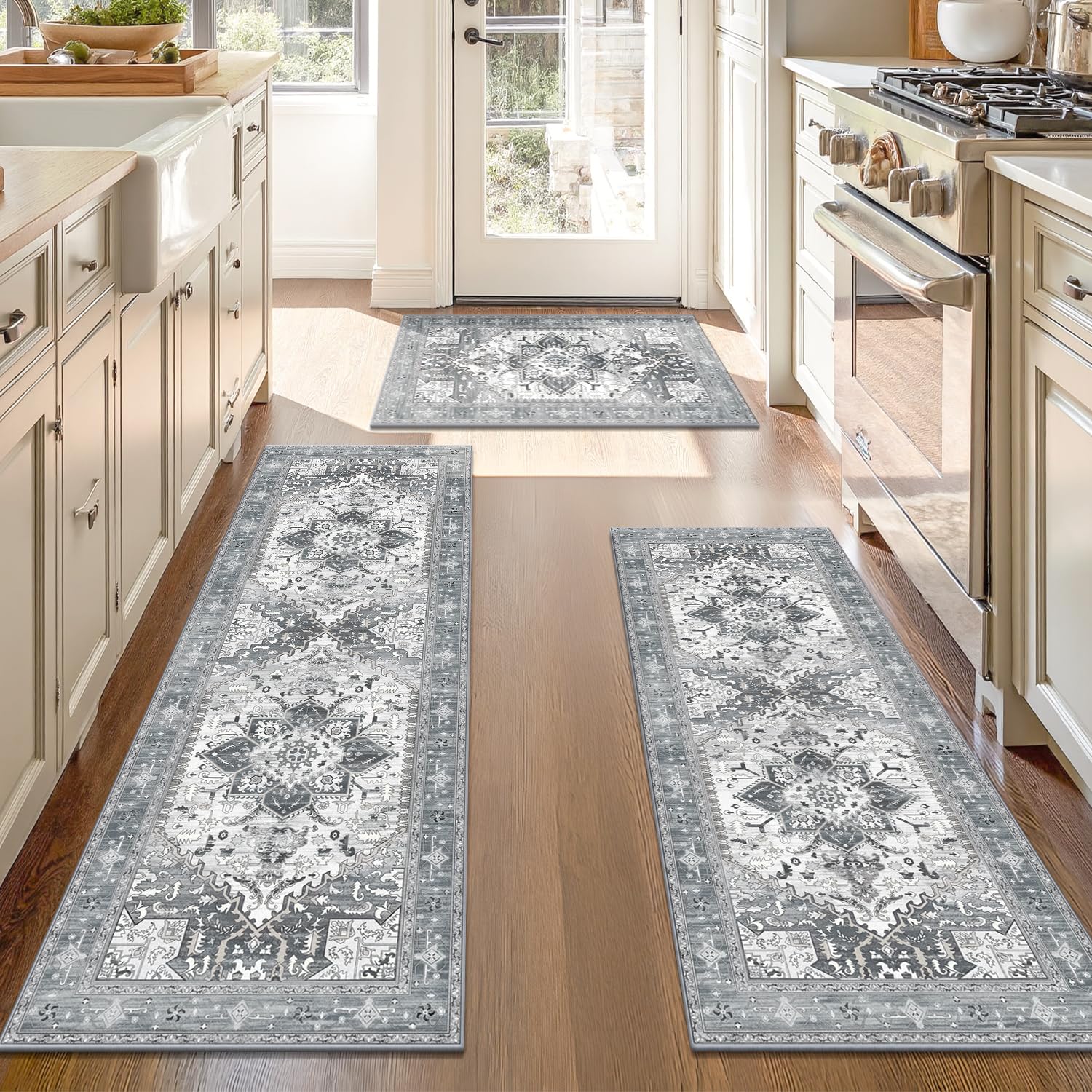 Yamaziot Christmas Kitchen Rugs Sets of 3, Non Slip Kitchen Mats for Floor with Rubber Backing, Holiday Christmas Snowflake Runner Rug Decor Home Decorations for Kitchen, Laundry Room, Hallway