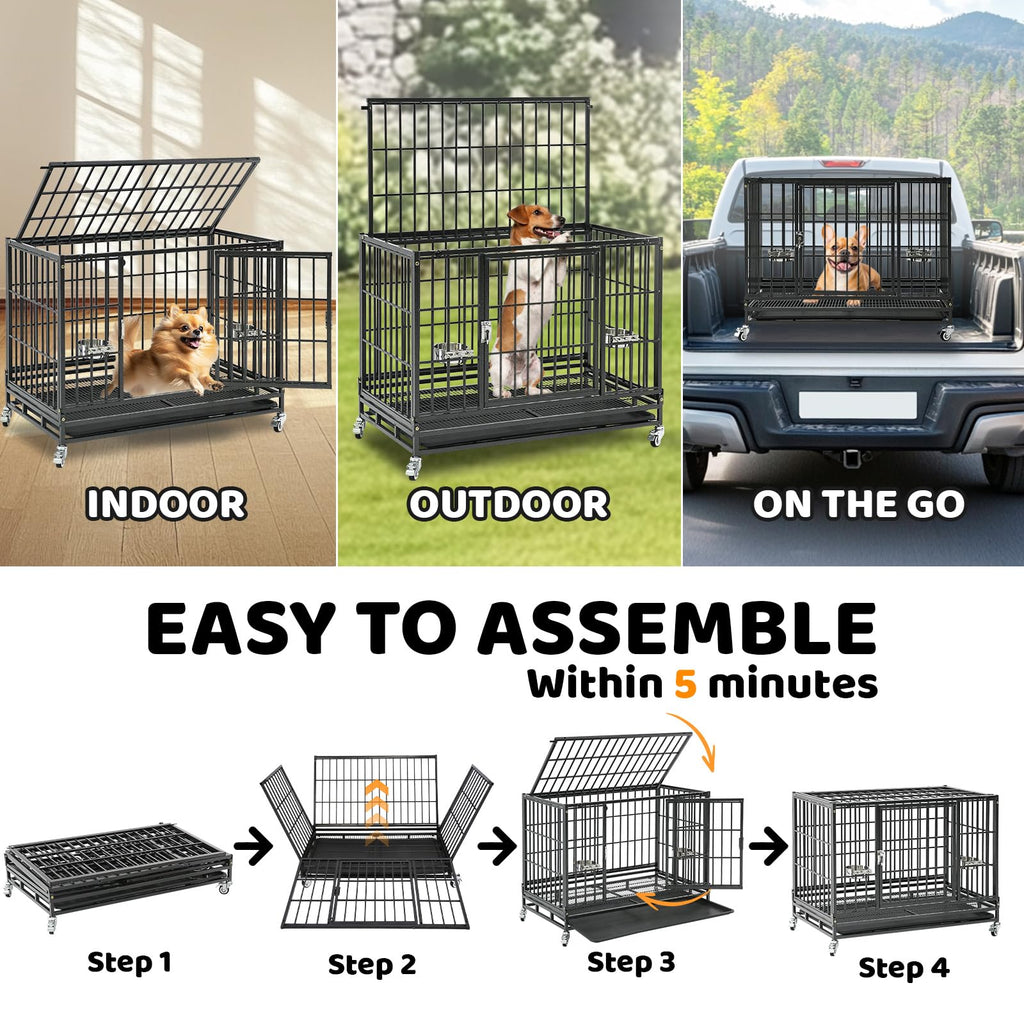 Homey Pet 37 Inch Heavy Duty Dog Crate for Medium Dogs, Stackable Dog Cage with Four Lockable Wheels, Removable Tray & Grid, Open Top, Escape Proof Dog Kennel Indoor