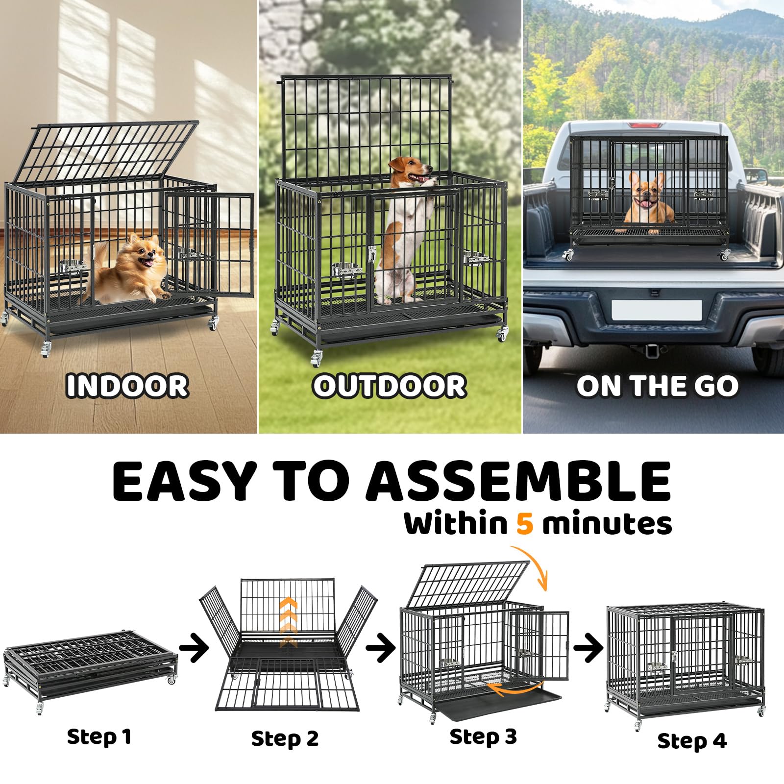 Homey Pet 37 Inch Heavy Duty Dog Crate for Medium Dogs, Stackable Dog Cage with Four Lockable Wheels, Removable Tray & Grid, Open Top, Escape Proof Dog Kennel Indoor