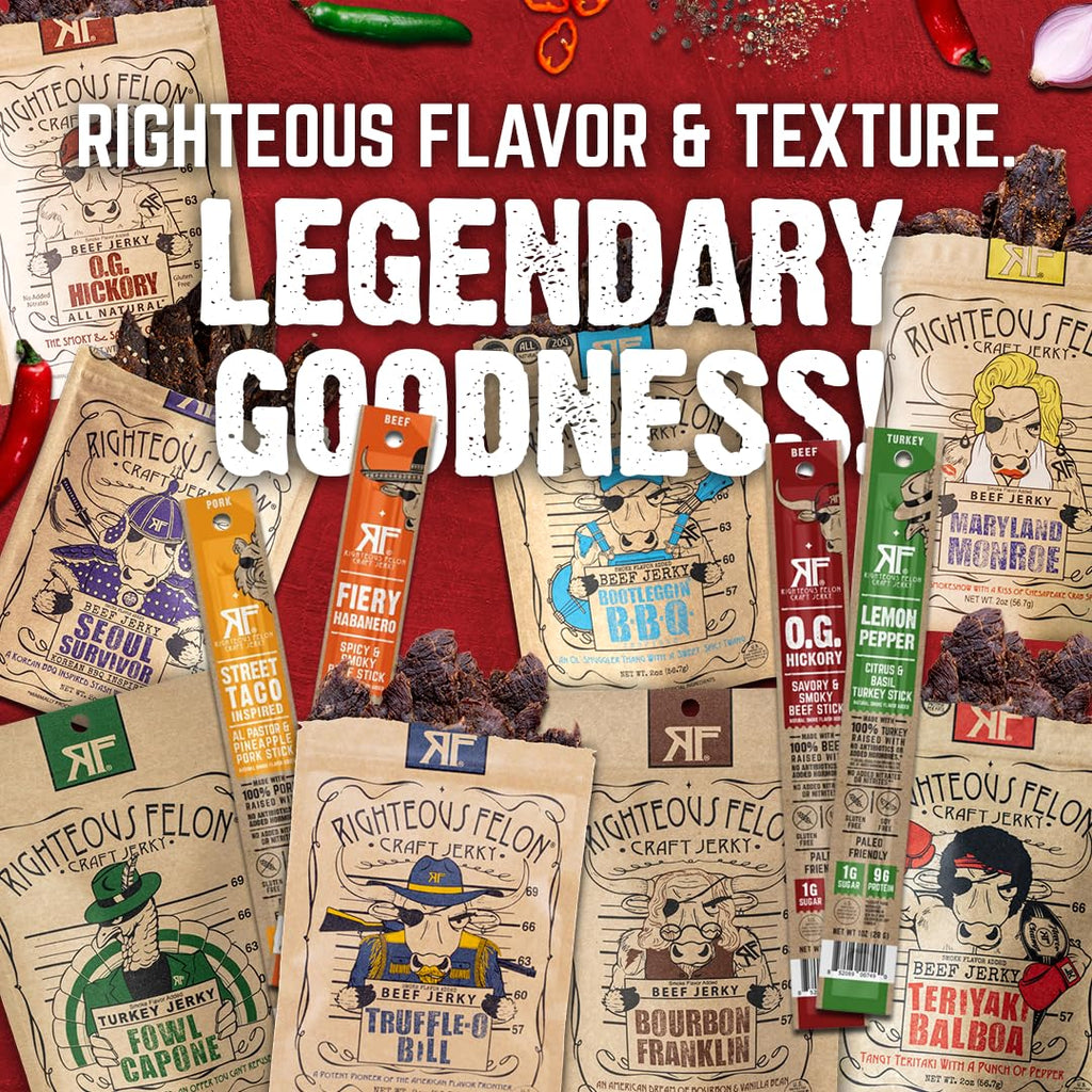 Righteous Felon Beef Jerky & Meat Sticks Variety Pack - Father's Day Jerky Sampler for Dad - Gluten Free Beef Jerky Snack Packs - High Protein, Keto, Low Sugar - Gifts for Men - 11 Pack Sampler
