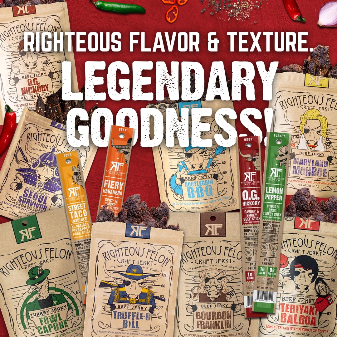 Righteous Felon Beef Jerky & Meat Sticks Variety Pack - Father's Day Jerky Sampler for Dad - Gluten Free Beef Jerky Snack Packs - High Protein, Keto, Low Sugar - Gifts for Men - 11 Pack Sampler