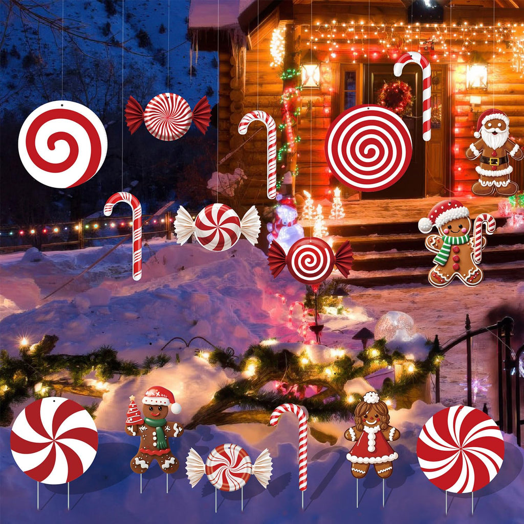 33" Christmas Decorations Outdoor Candy Christmas Decorations, 2ct Large Tall Outdoor Stake Signs 4 Interlocking PP Panels with H-Brackets Fiberglass Rods for Lawn Pathway Xmas Party