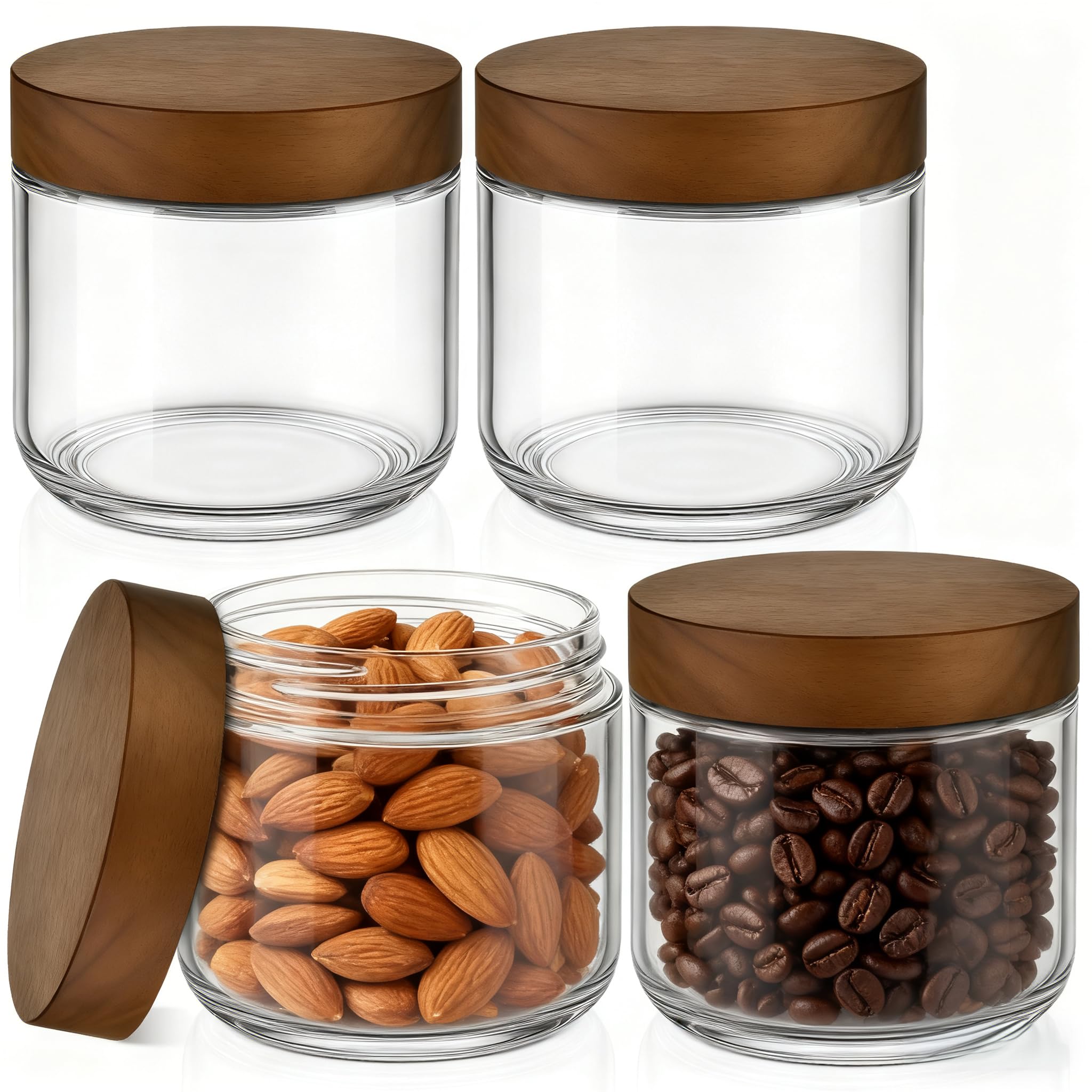 Bumobum 10 oz Small Glass Jars with Lids, Glass Container with Acacia Wood Airtight Lid, Wide Mouth Canisters for Chia Pudding Loose Tea Coffee Meal Prep Parfait Salad Snacks Yogurt Spice, 4-Pack