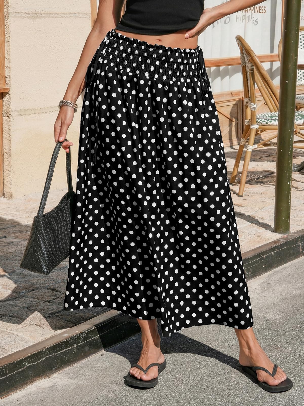 Tankaneo Womens Polka Dot Maxi Skirts Boho Smocked High Waisted Tie Skirt Casual Beach Vacation Dress
